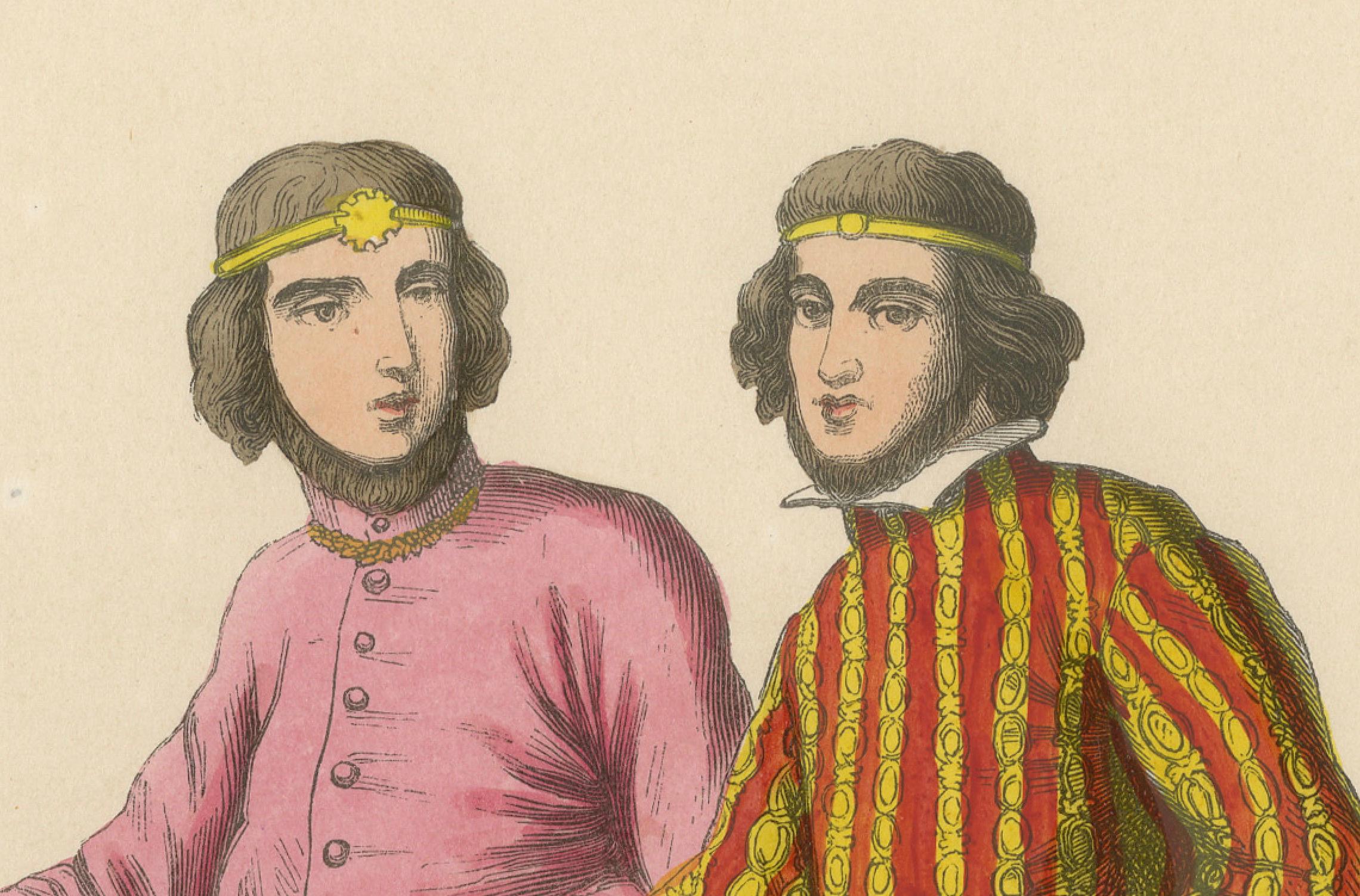 Mid-19th Century Court Officers of the Reign of Richard II in an Hand-Colored Lithograph, 1847 For Sale