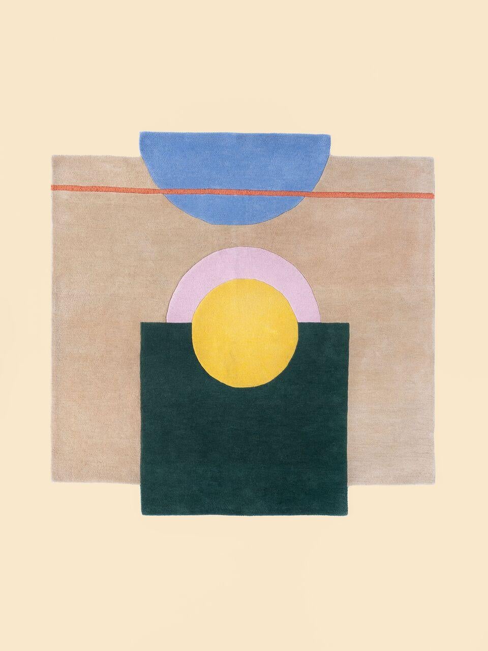 The “Court Series” rugs are hand tufted with blended wool and viscose material dyed in hyper-saturated colors, with tennis court-like geometries represented both via overlaid graphics as well as the cut and shape of individual segments.

Custom