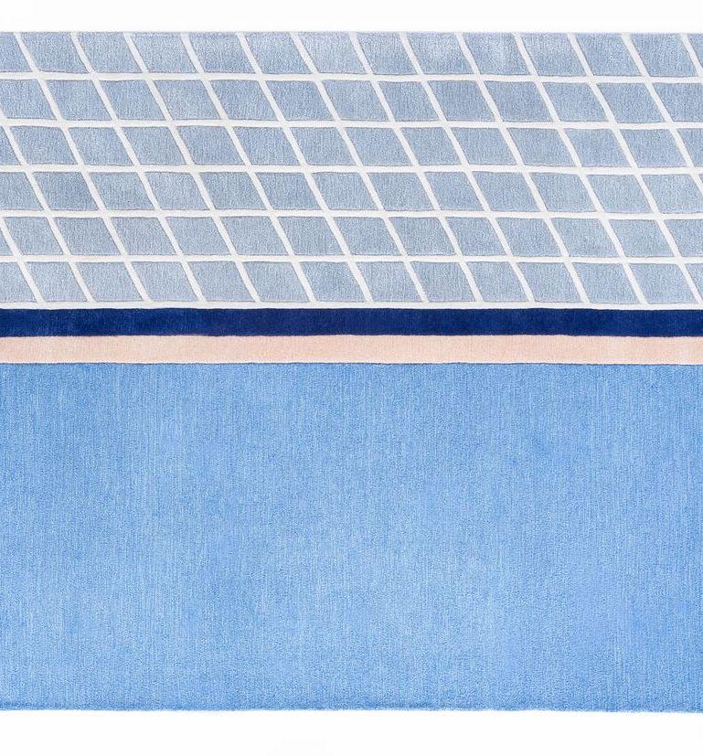 The “Court Series” rugs are hand-tufted with blended wool and viscose material dyed in hyper-saturated colors, with tennis court-like geometries represented both via overlaid graphics as well as the cut and shape of individual segments. Designed by