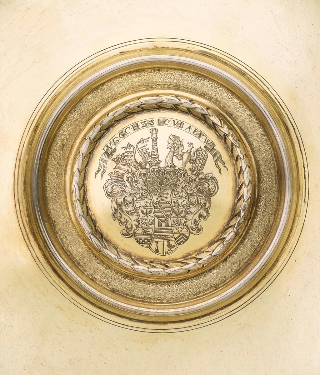 Plate with large coat of arms engraving of Duke Christian of Saxe-Eisenberg
Augsburg, 1690-95
With Augsburg assay and master's mark Albrecht Biller (born 1653, became master about 1681, died 1720, Seling no. 1777).
Extremely high quality silver