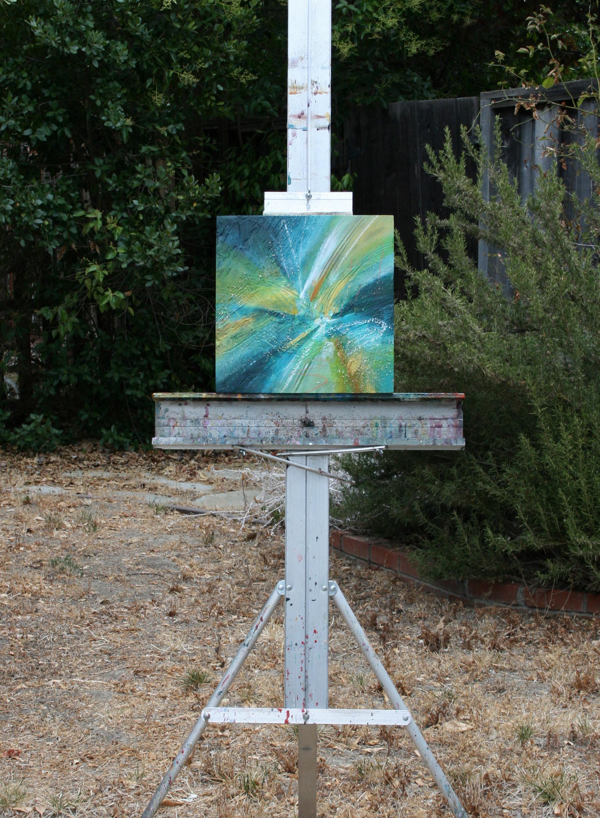 <p>Artist Comments<br />An expressive abstract in rich jewel tones of blue and green, with yellow and orange highlights. Paint flows outward in bursts, evoking joyful energy. For Courtney Jacobs, painting is an intuitive process that requires as