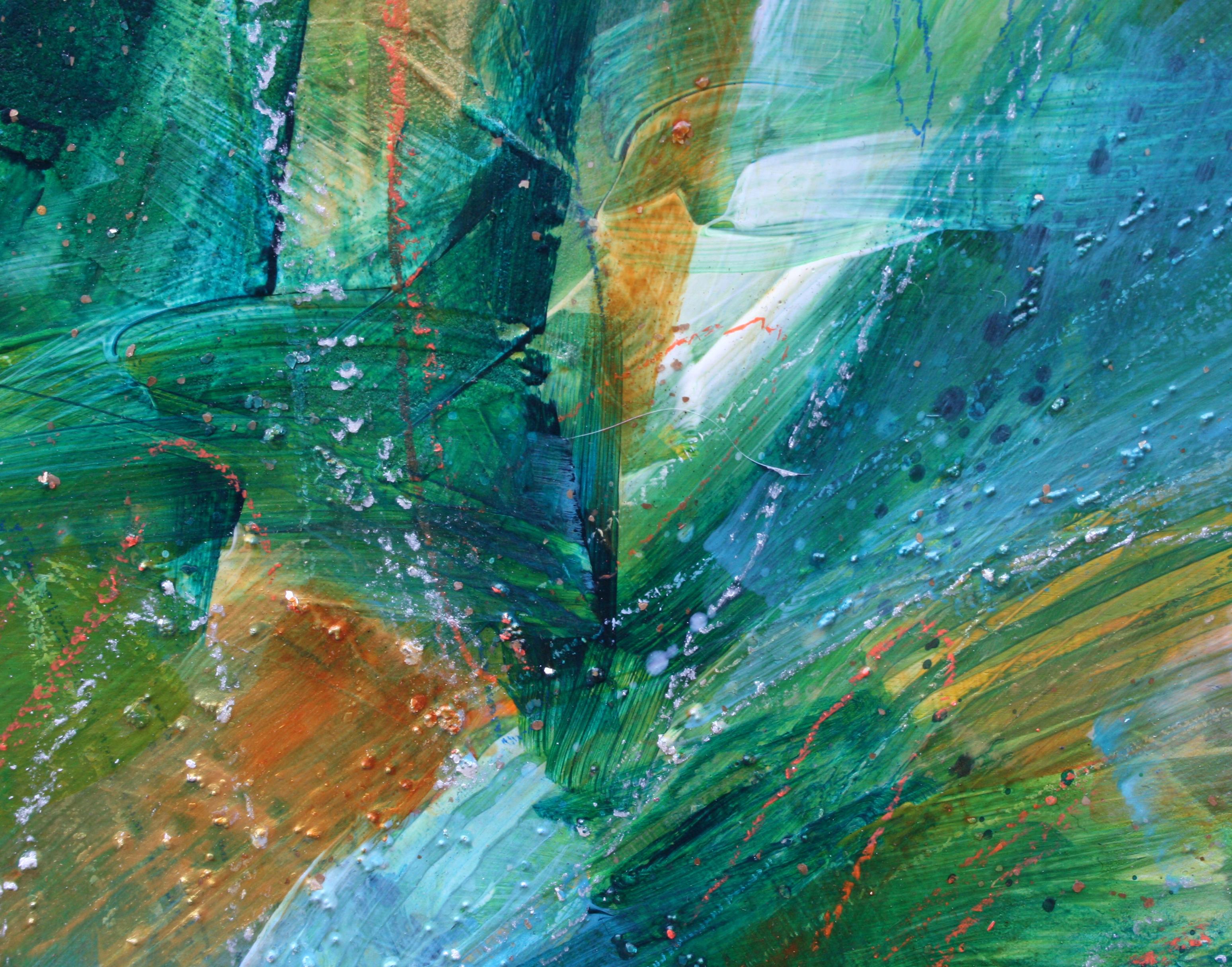 <p>Artist Comments<br />An expressive abstract in rich jewel tones of blue and green, with yellow and orange highlights. Paint flows outward in bursts, evoking joyful energy and tropical waters. For Courtney Jacobs, painting is an intuitive process