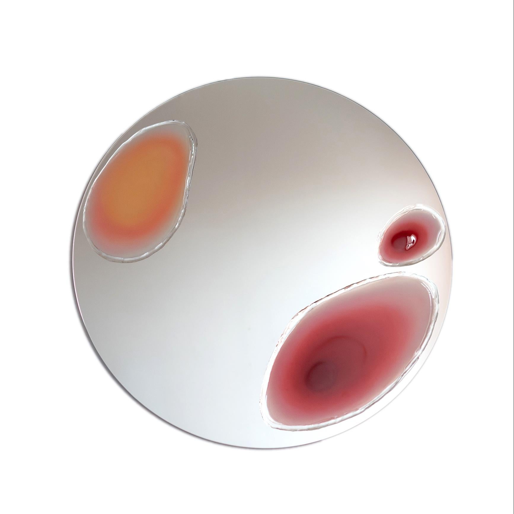 Large Gumdrop Mirror by Courtney Kinnare

2025

Resin, Acrylic, & Ink on Mirror

Dia 30"

The Gumdrop Mirror features vibrant, candy-like orbs in rich cherry and blush tones, adding a sculptural element to this piece. This design elevates