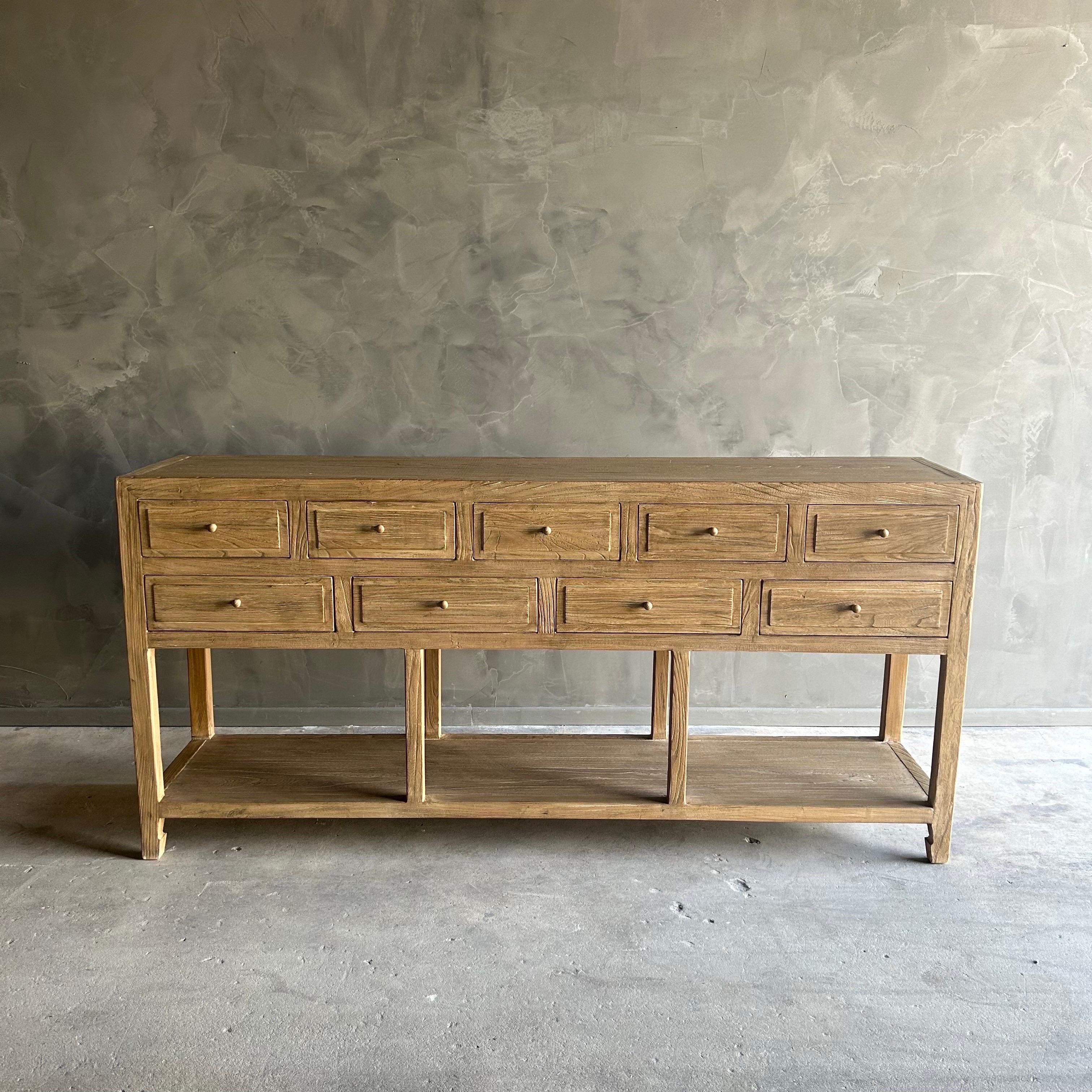Organique Reya Table console en bois d'orme recyclé avec tiroirs en finition Nature en vente