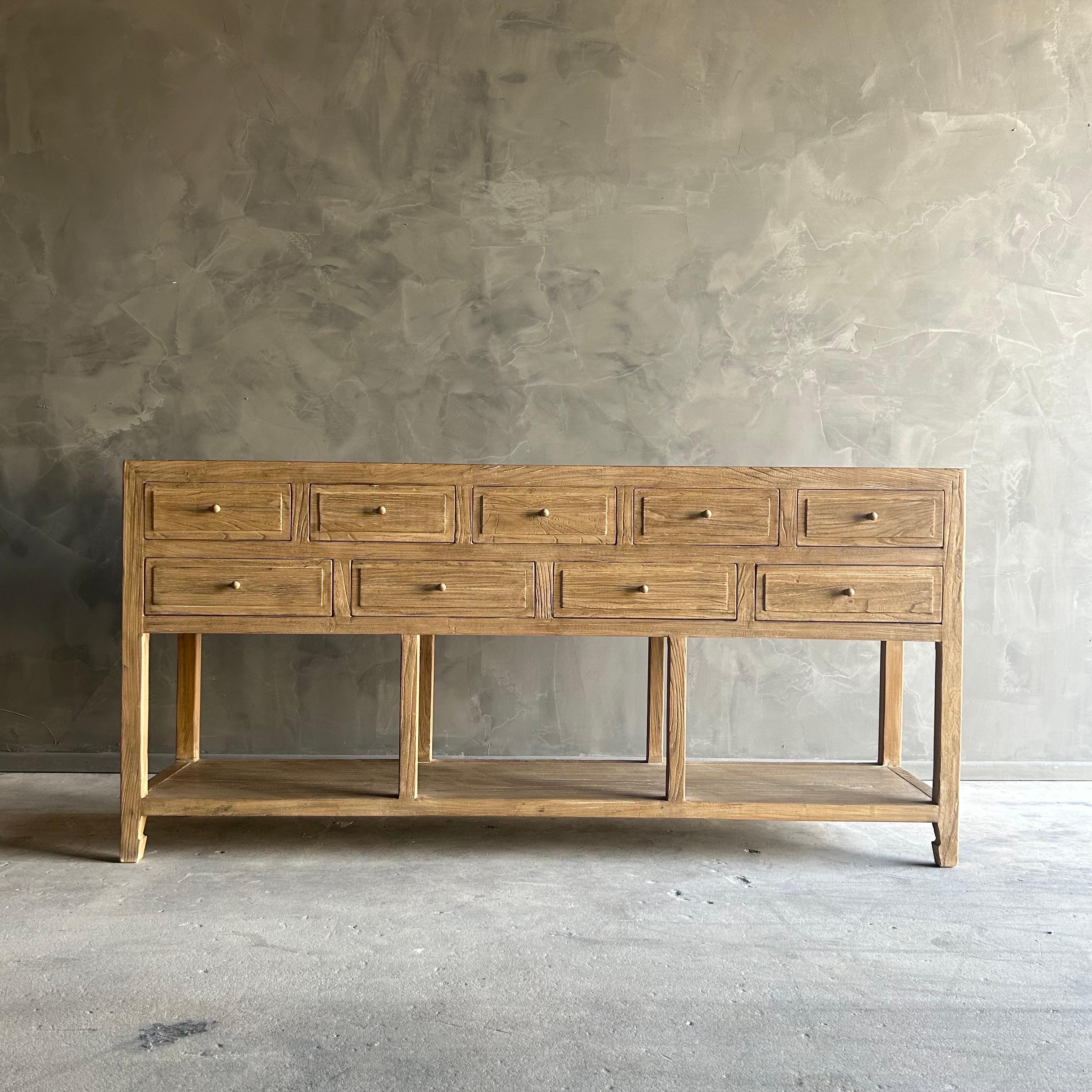 Reya Table console en bois d'orme recyclé avec tiroirs en finition Nature Neuf - En vente à Old Town Orange, CA