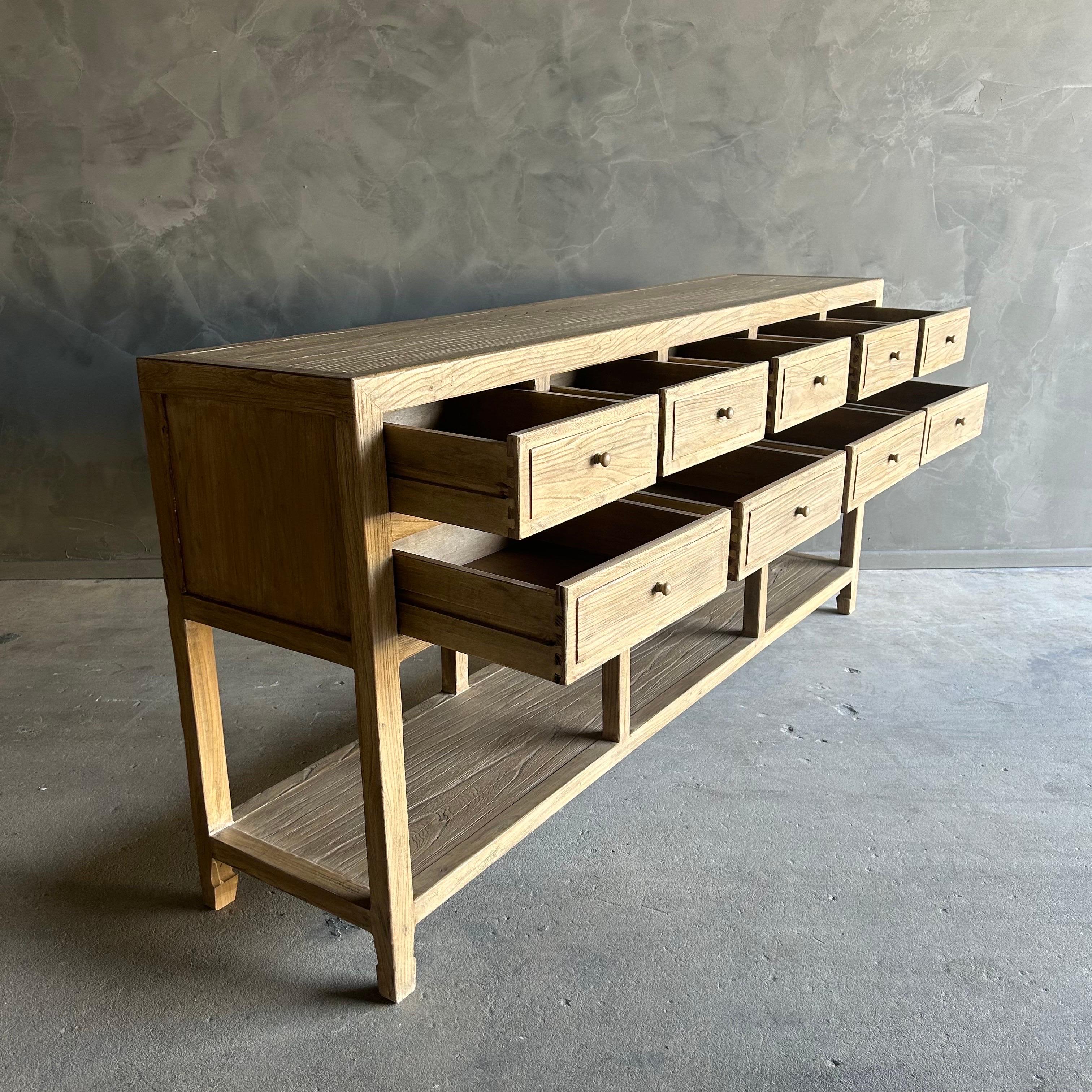 Reya Table console en bois d'orme recyclé avec tiroirs en finition Nature en vente 1