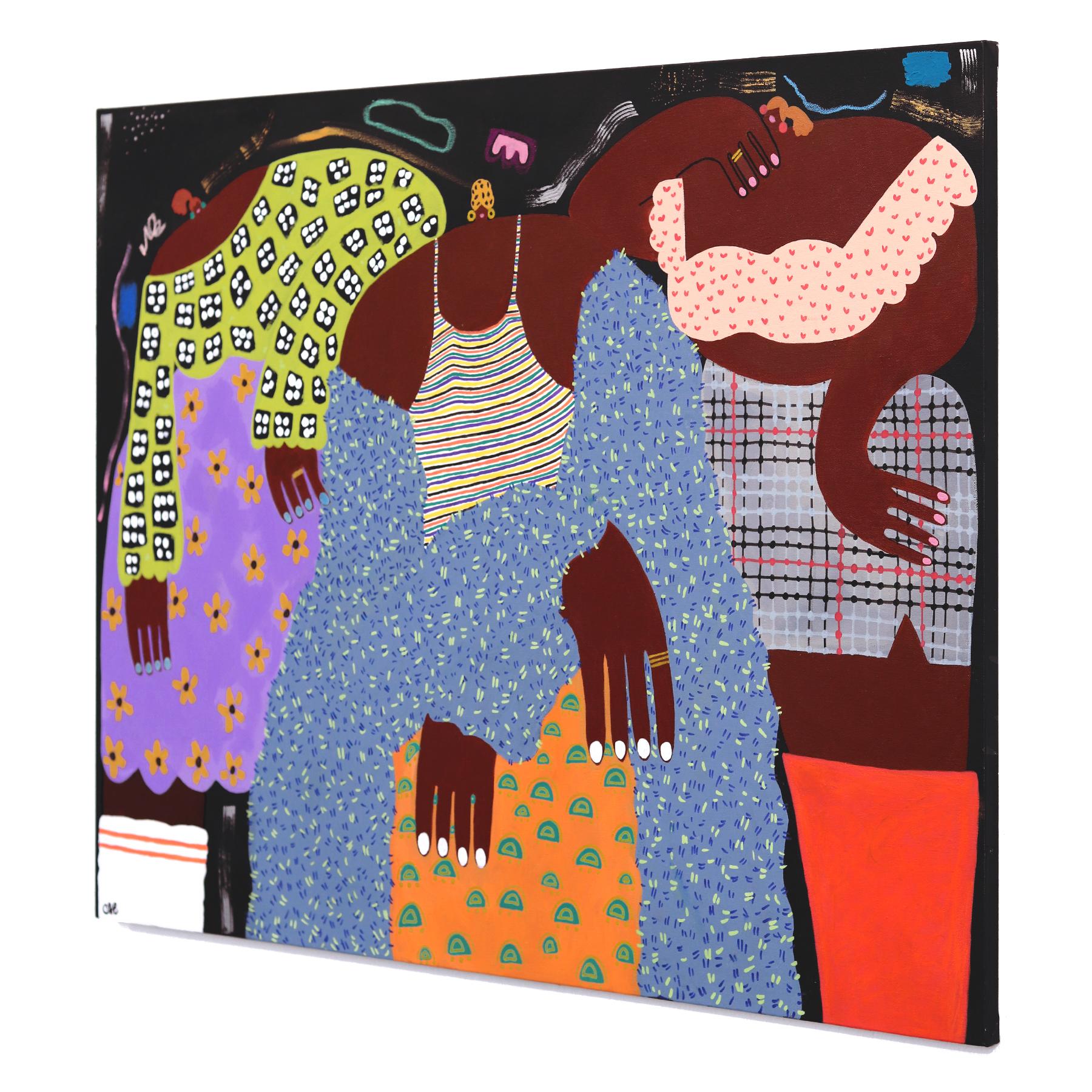 Crowned in Color – lebhaftes, skurriles, abstraktes, figuratives Gemälde einer Frau in Farbe (Grau), Portrait Painting, von Courtney Simone