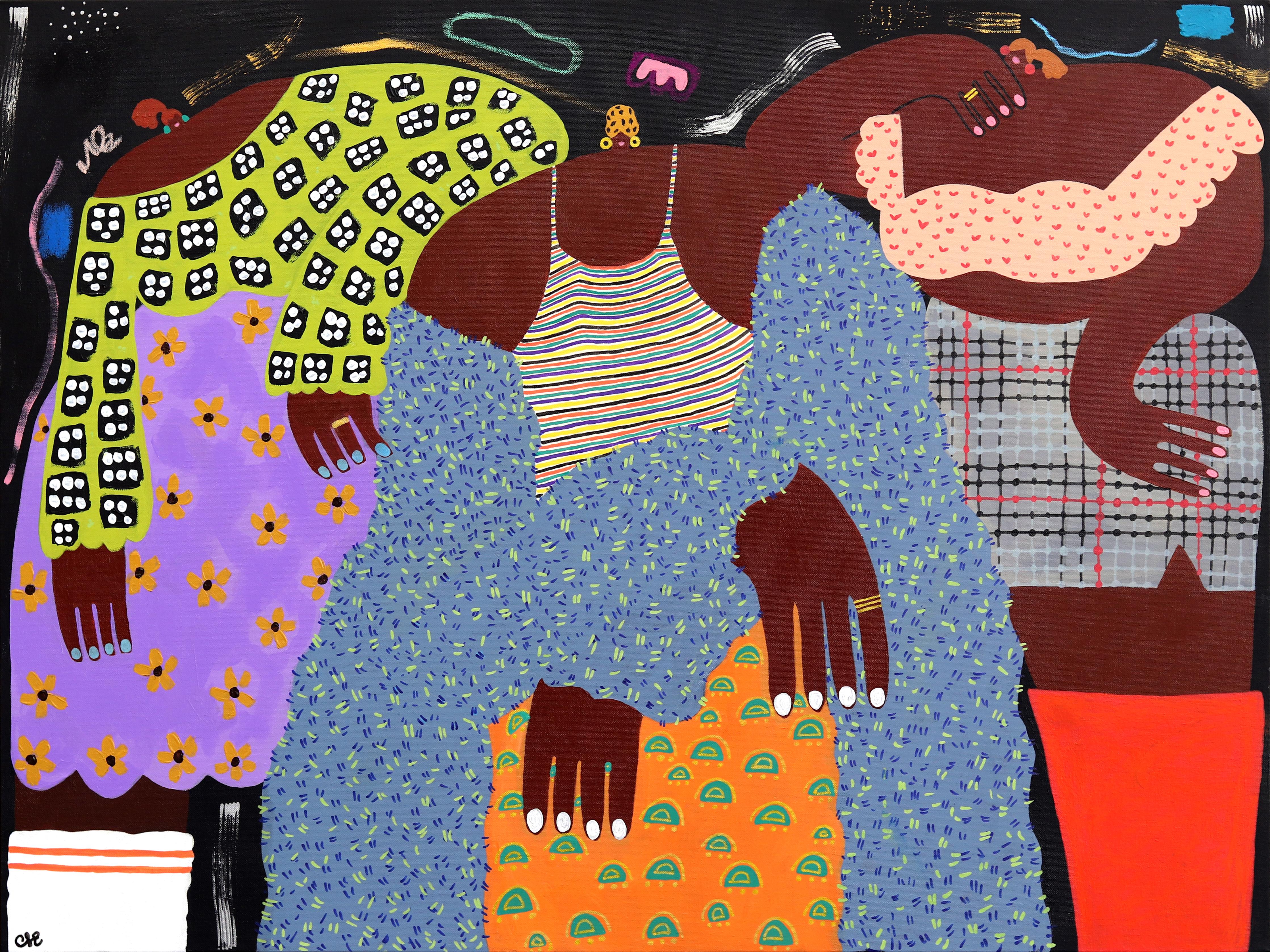 Courtney Simone Portrait Painting – Crowned in Color – lebhaftes, skurriles, abstraktes, figuratives Gemälde einer Frau in Farbe