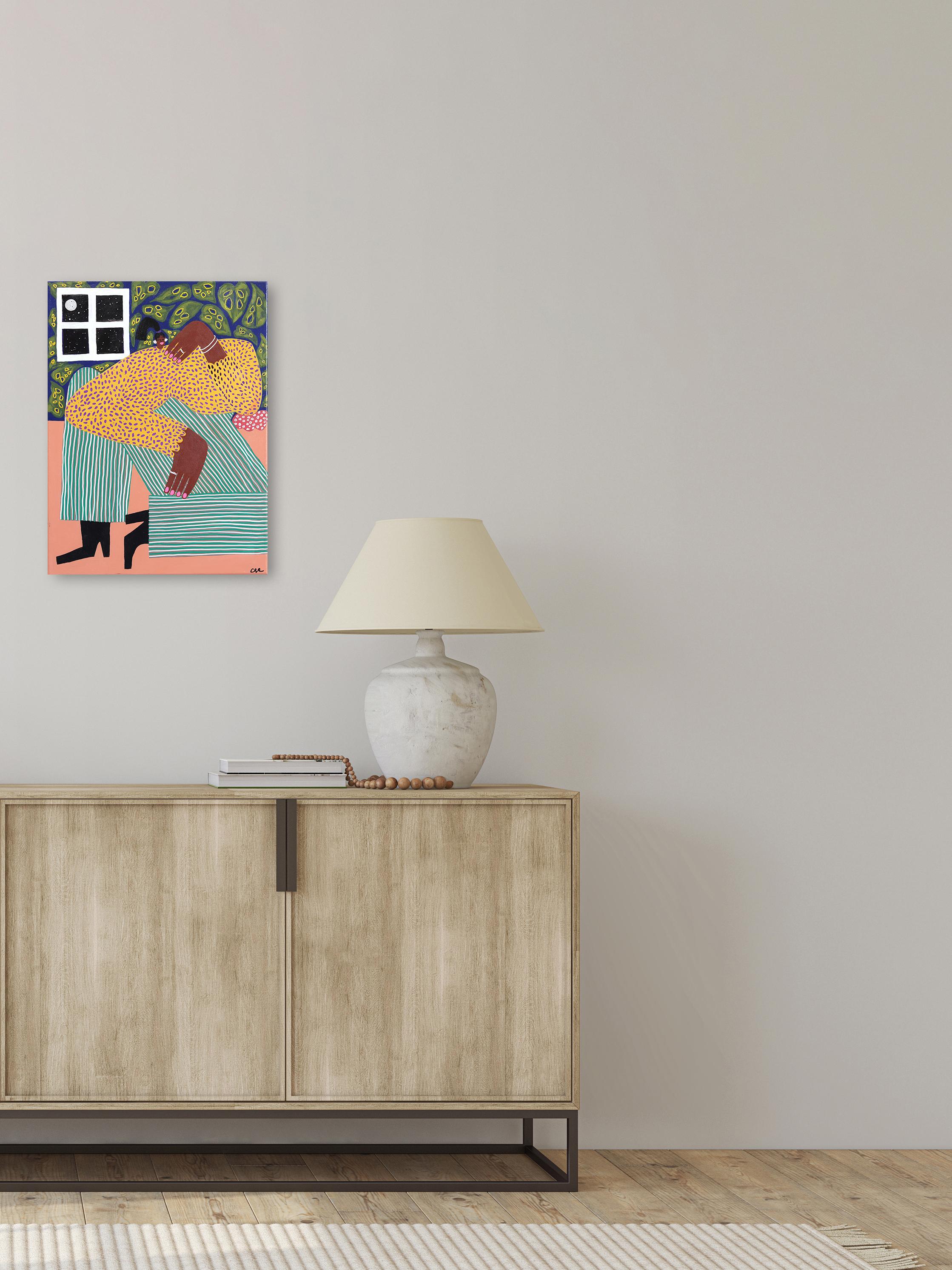 Just Got Home – fröhliches figuratives Gemälde (Zeitgenössisch), Mixed Media Art, von Courtney Simone