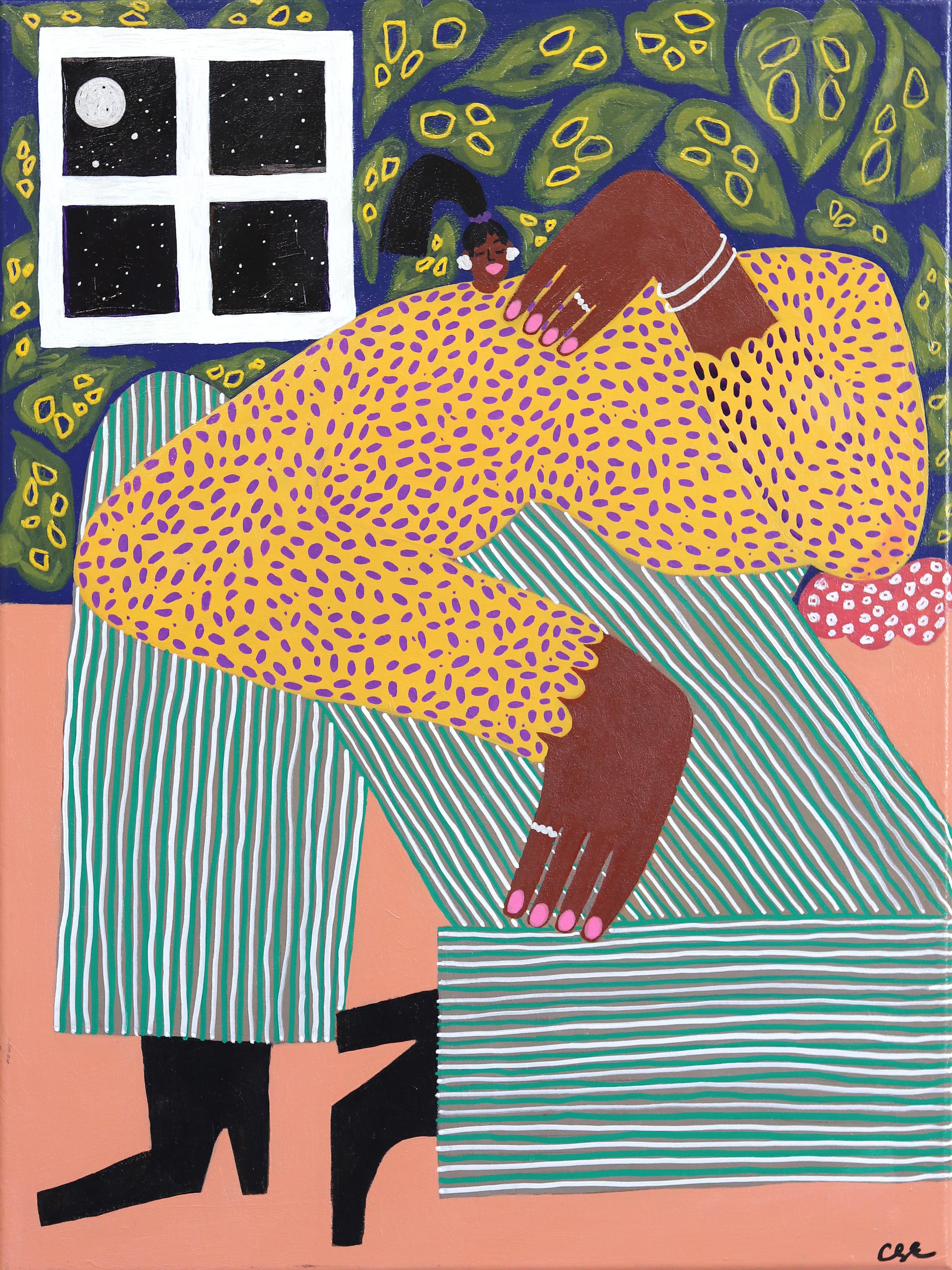 Just Got Home – fröhliches figuratives Gemälde – Mixed Media Art von Courtney Simone