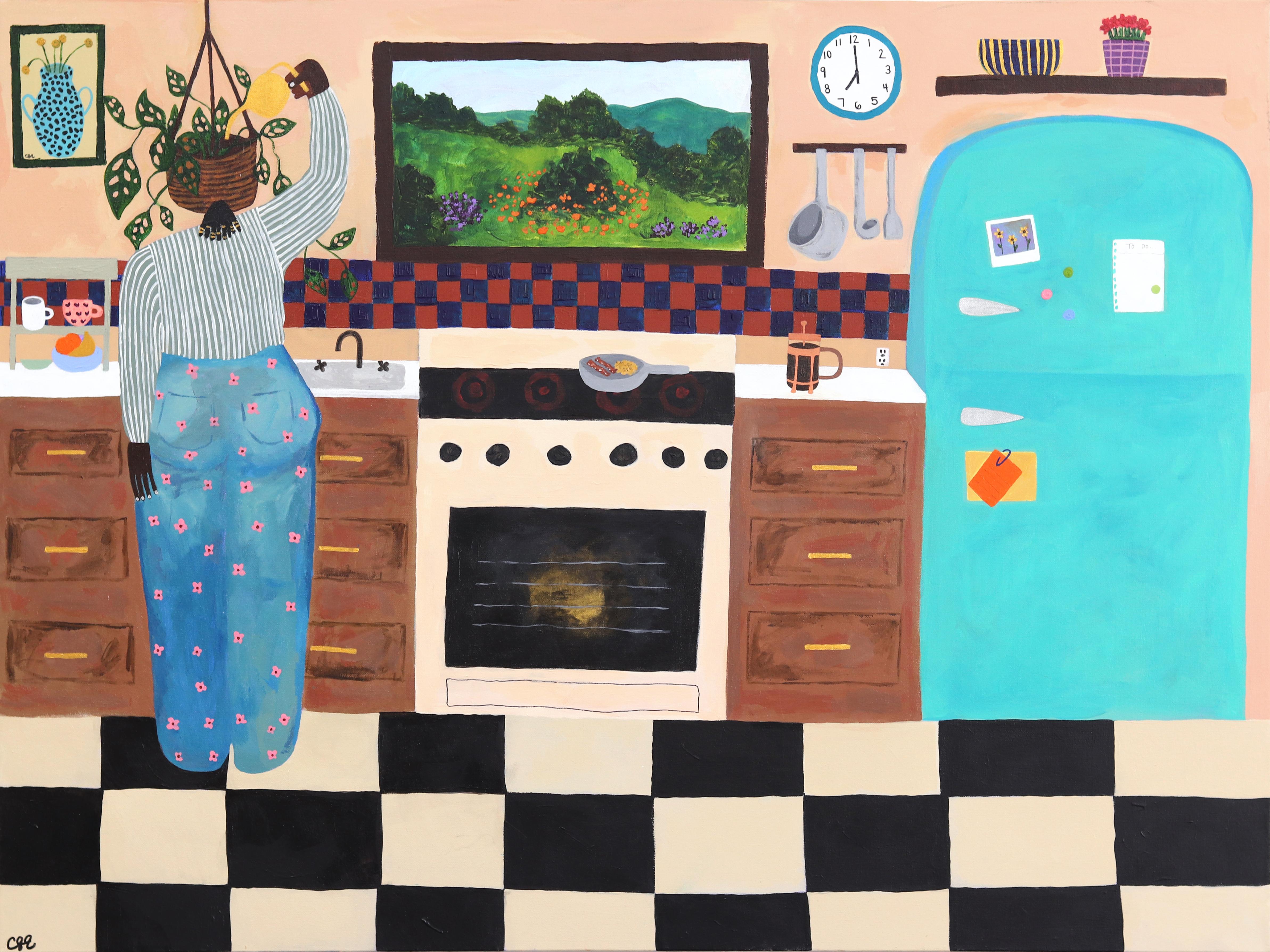 Figurative Painting di Courtney Simone - Routine mattutina - Pittura astratta colorata di natura morta figurativa femminile