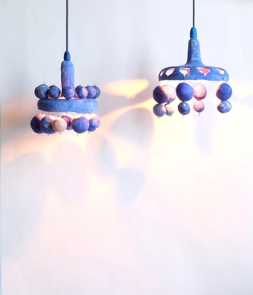 Modern Courtship Behavior Oo Pendant Lamp in Hand-Built Ceramic in Matte Blue