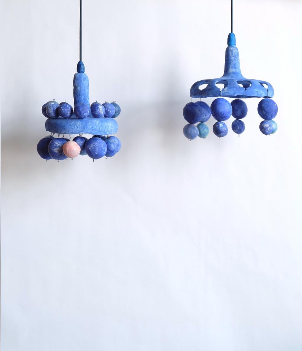 American Courtship Behavior Oo Pendant Lamp in Hand-Built Ceramic in Matte Blue