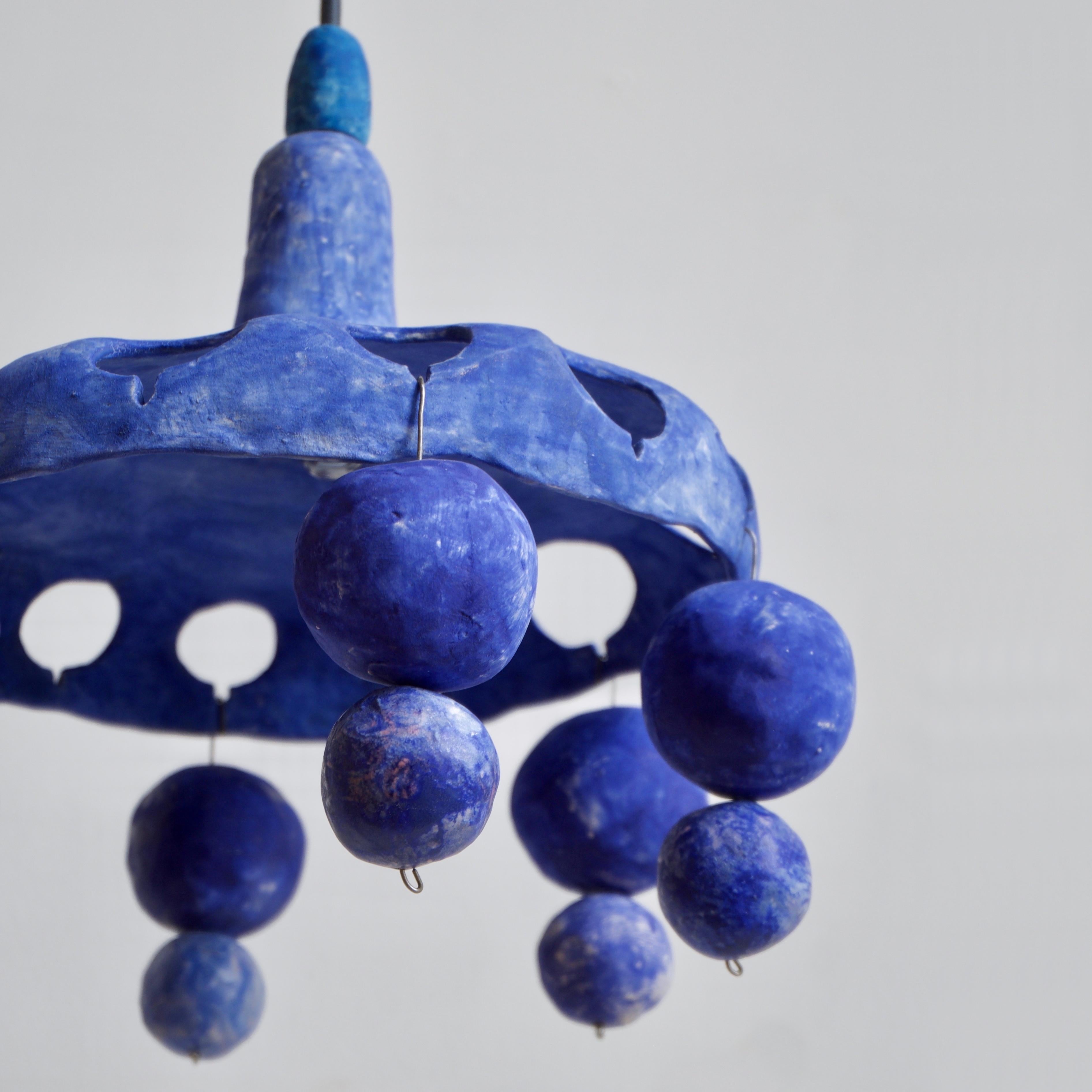 Metal Courtship Behavior Wee Pendant Lamp, Hand-Built Blue Ceramic by Yuko Nishikawa