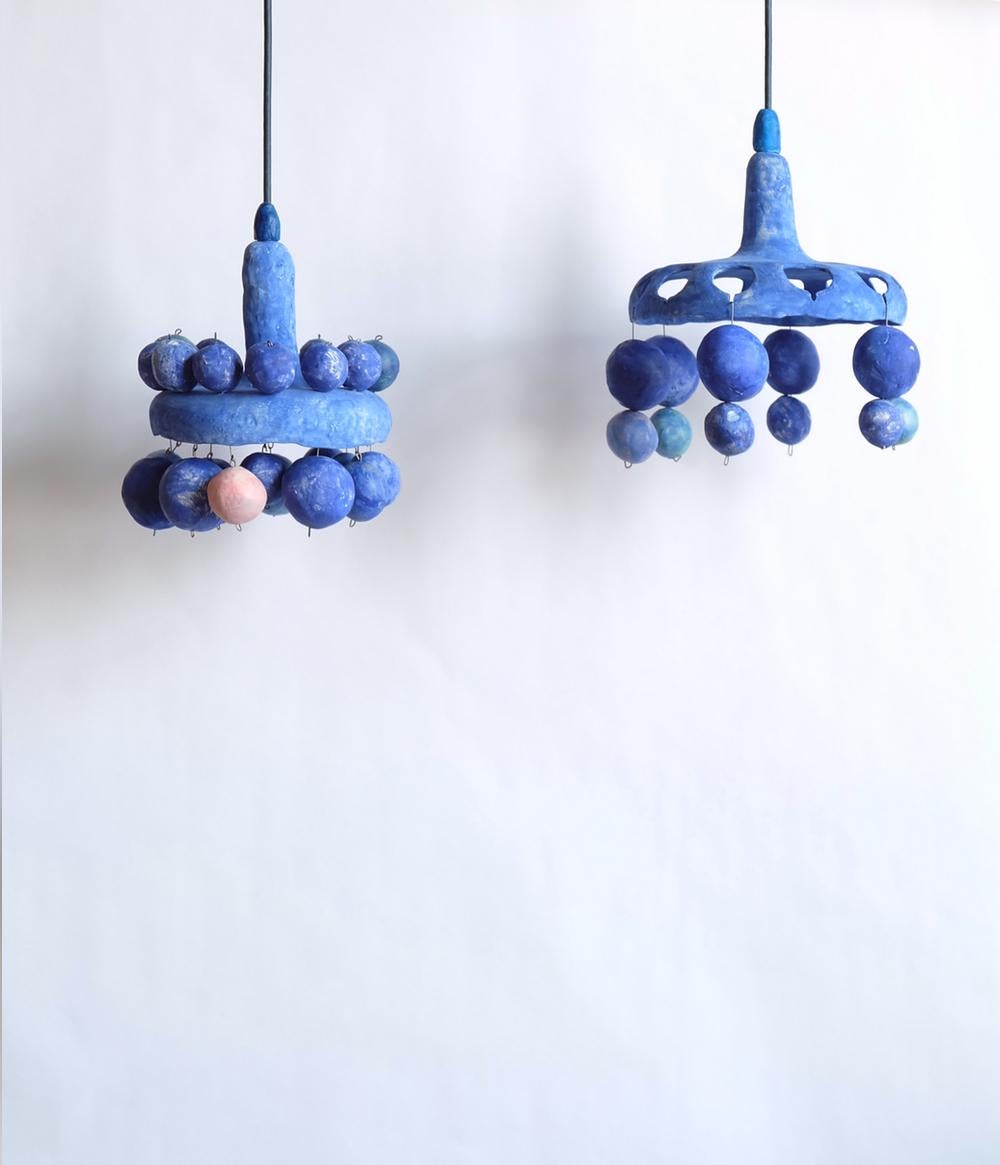 Courtship Behavior Wee Pendant Lamp, Hand-Built Blue Ceramic by Yuko Nishikawa 2