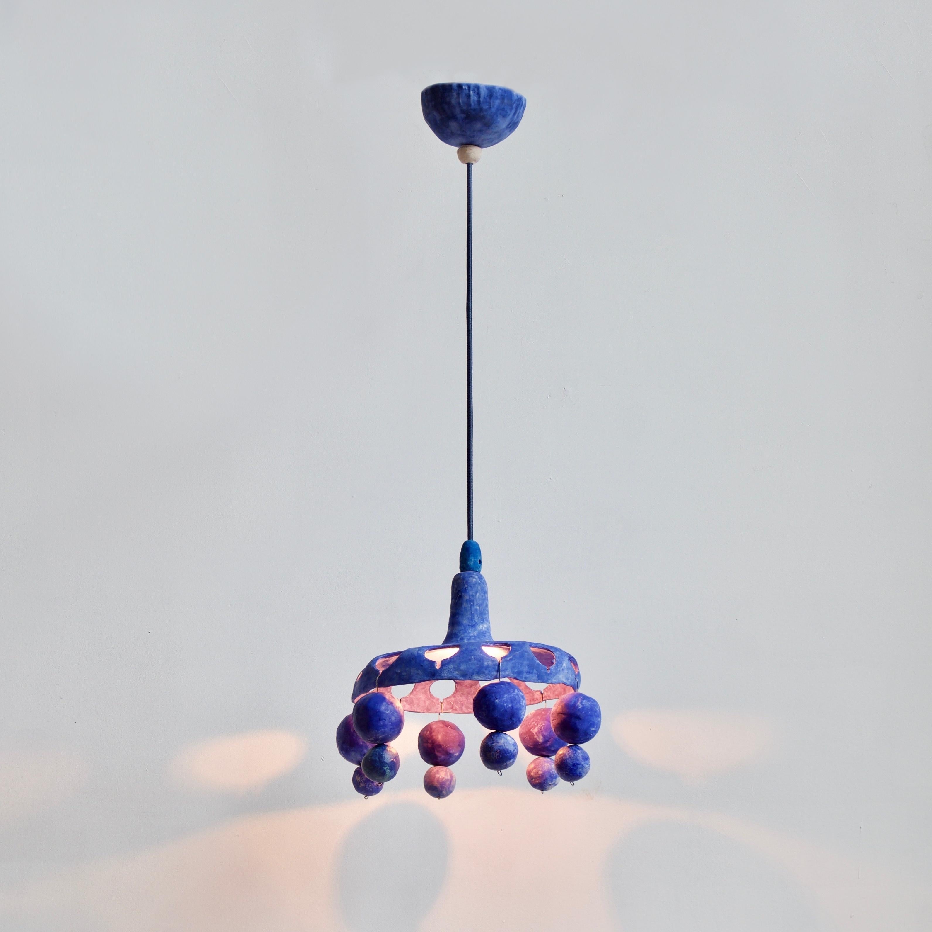 Modern Courtship Behavior Wee Pendant Lamp, Hand-Built Blue Ceramic by Yuko Nishikawa