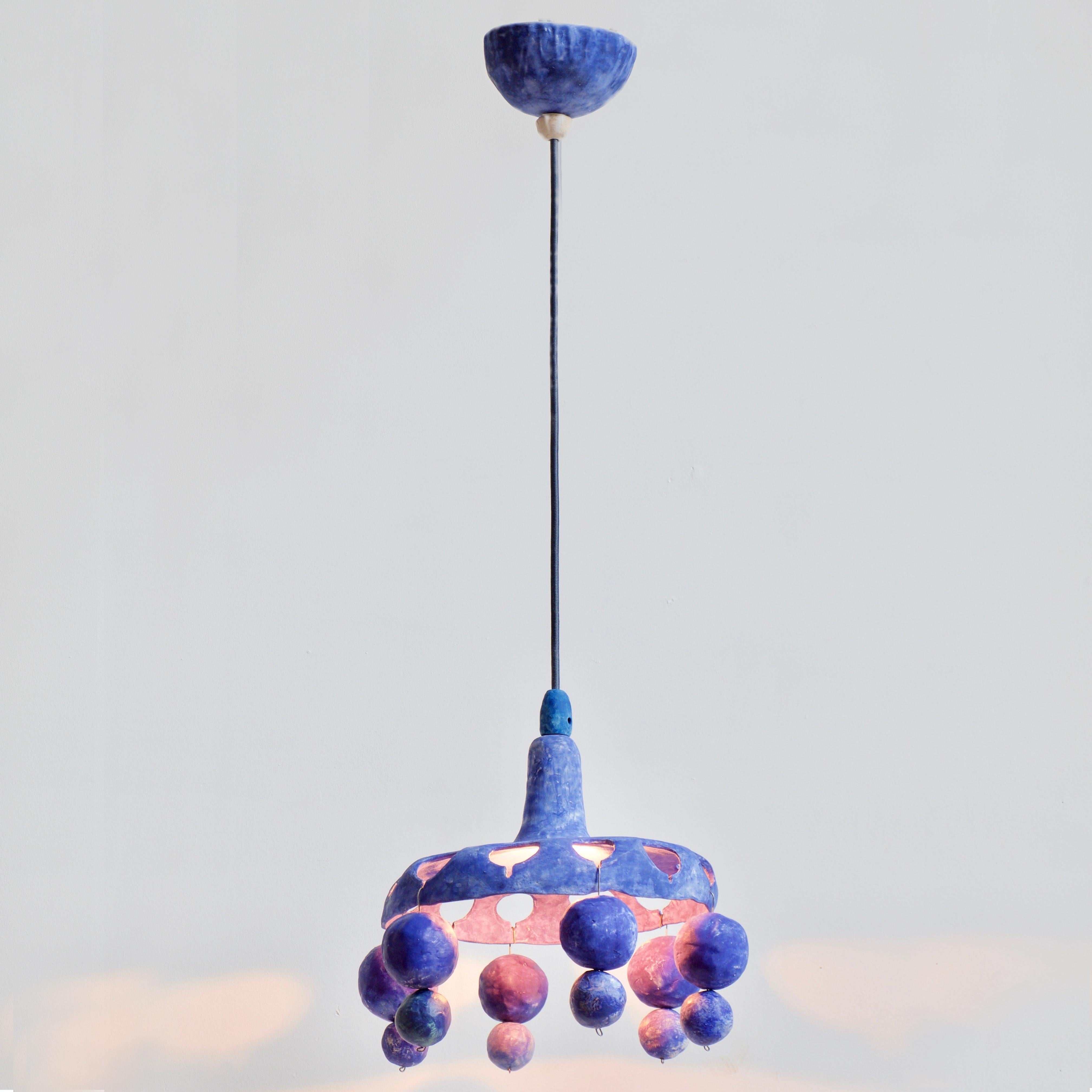 Fired Courtship Behavior Wee Pendant Lamp, Hand-Built Blue Ceramic by Yuko Nishikawa