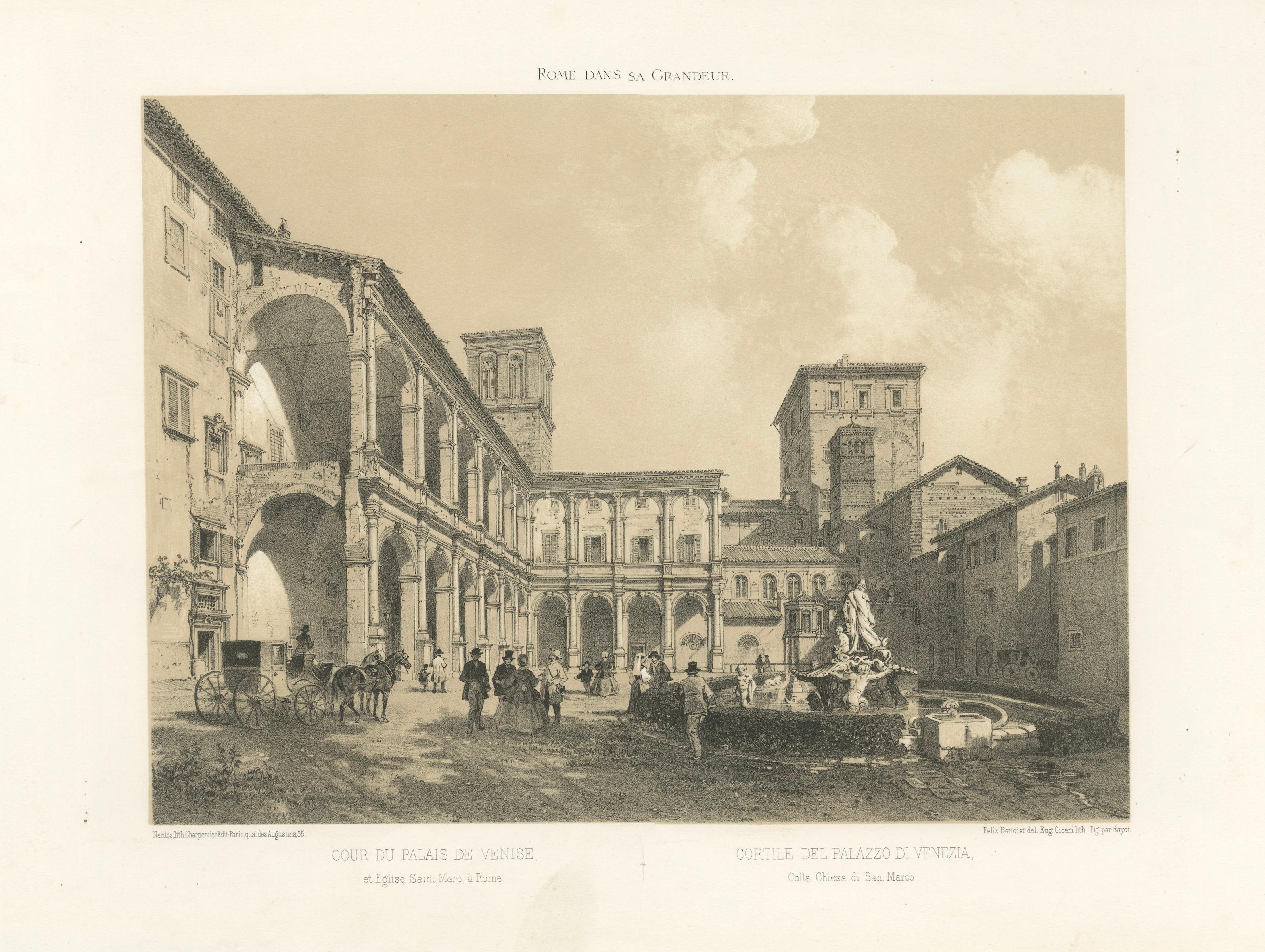 Courtyard of Palazzo Venezia, Rome – Benoist 1869 Lithograph
