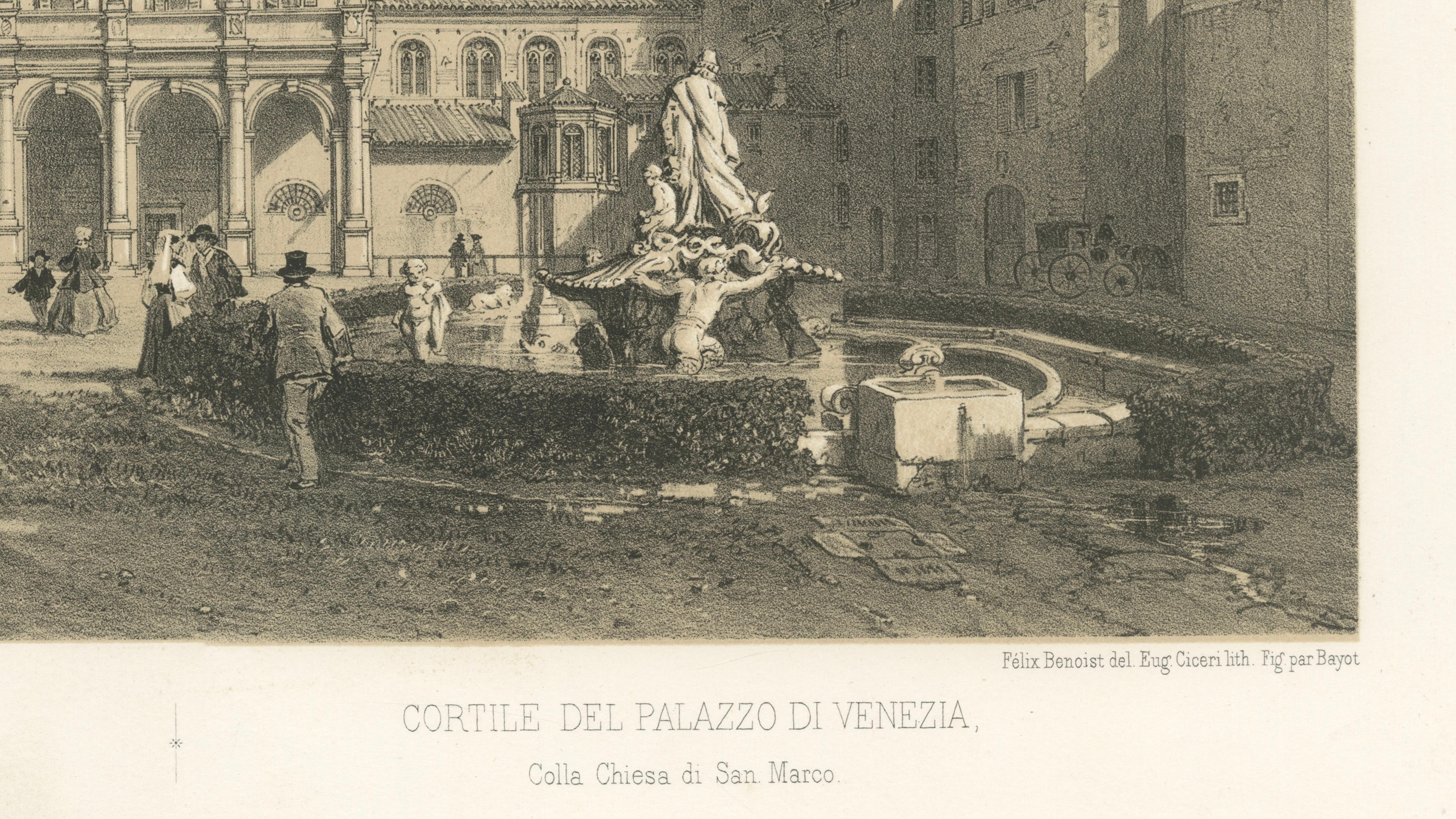 Courtyard of Palazzo Venezia, Rome – Benoist 1869 Lithograph