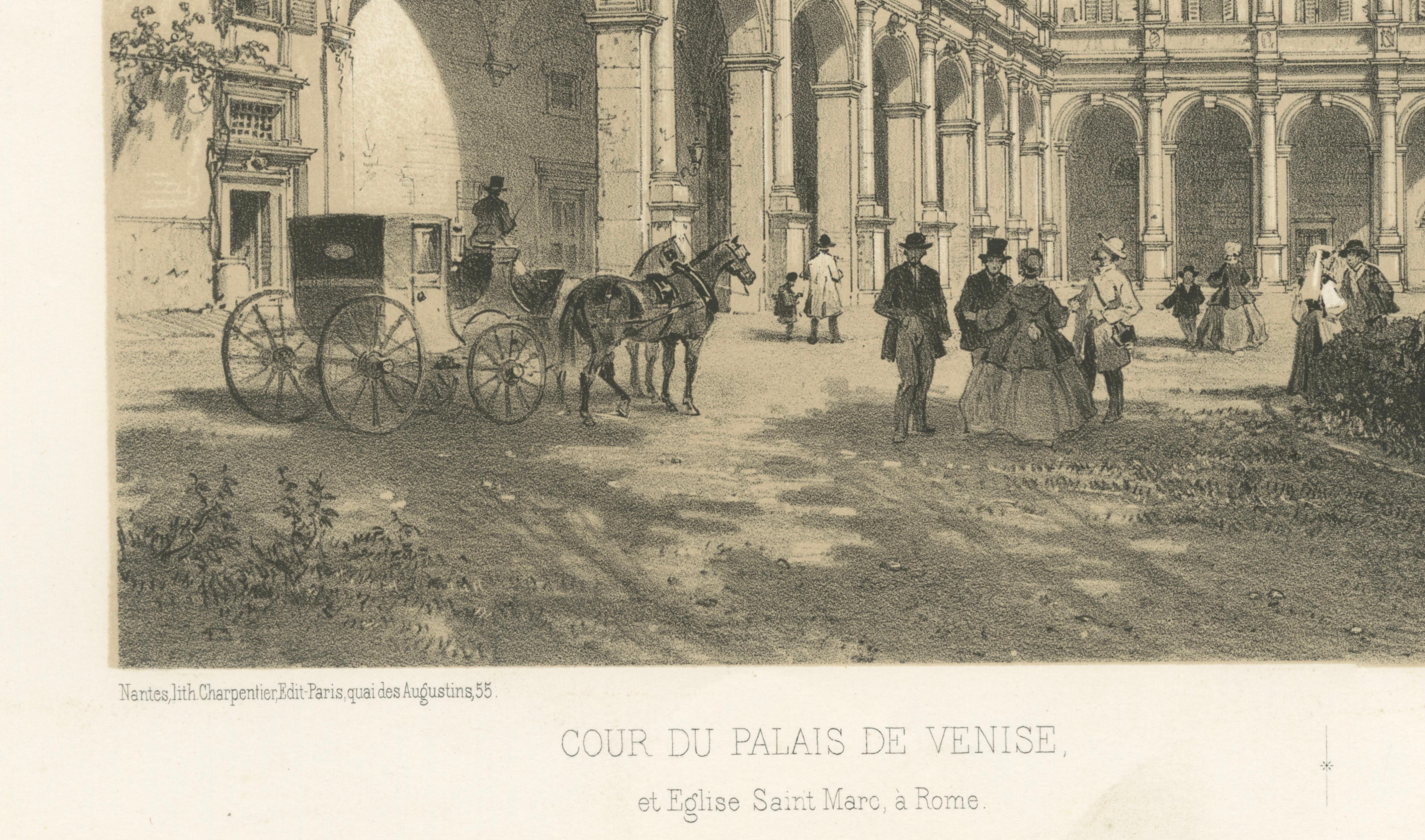 Courtyard of Palazzo Venezia, Rome – Benoist 1869 Lithograph