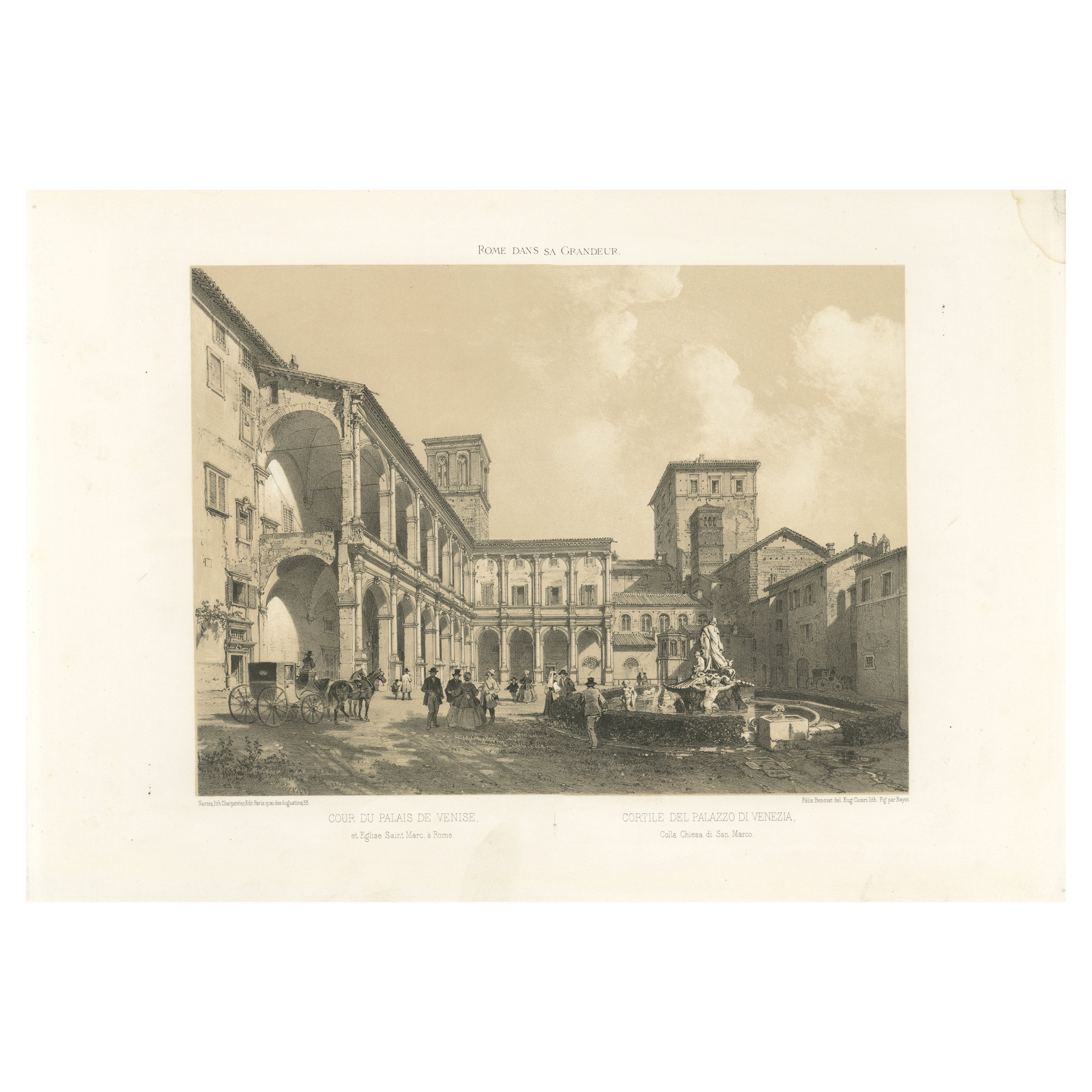 Cour du Palazzo Venezia, Rome - Benoist 1869 Lithographie