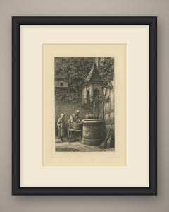 Courtyard Well with Washerwoman and Girl, Etching by Armand Queyroy, circa 1875