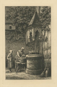 Courtyard Well with Washerwoman and Girl, Etching by Armand Queyroy, circa 1875
