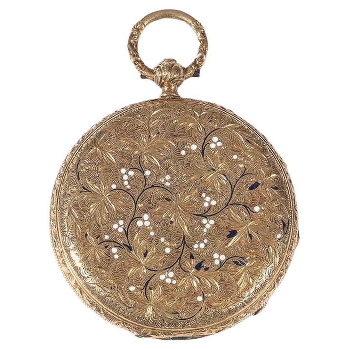 Orologio da tasca aperto Courvoisier Geneve in oro giallo con smalto a chiave In condizioni ottime in vendita a Firenze, IT
