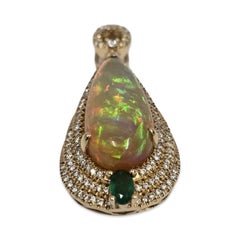 Couture 14K Ethiopian Fire Opal Pendant with Emerald & 1.05ct Diamonds