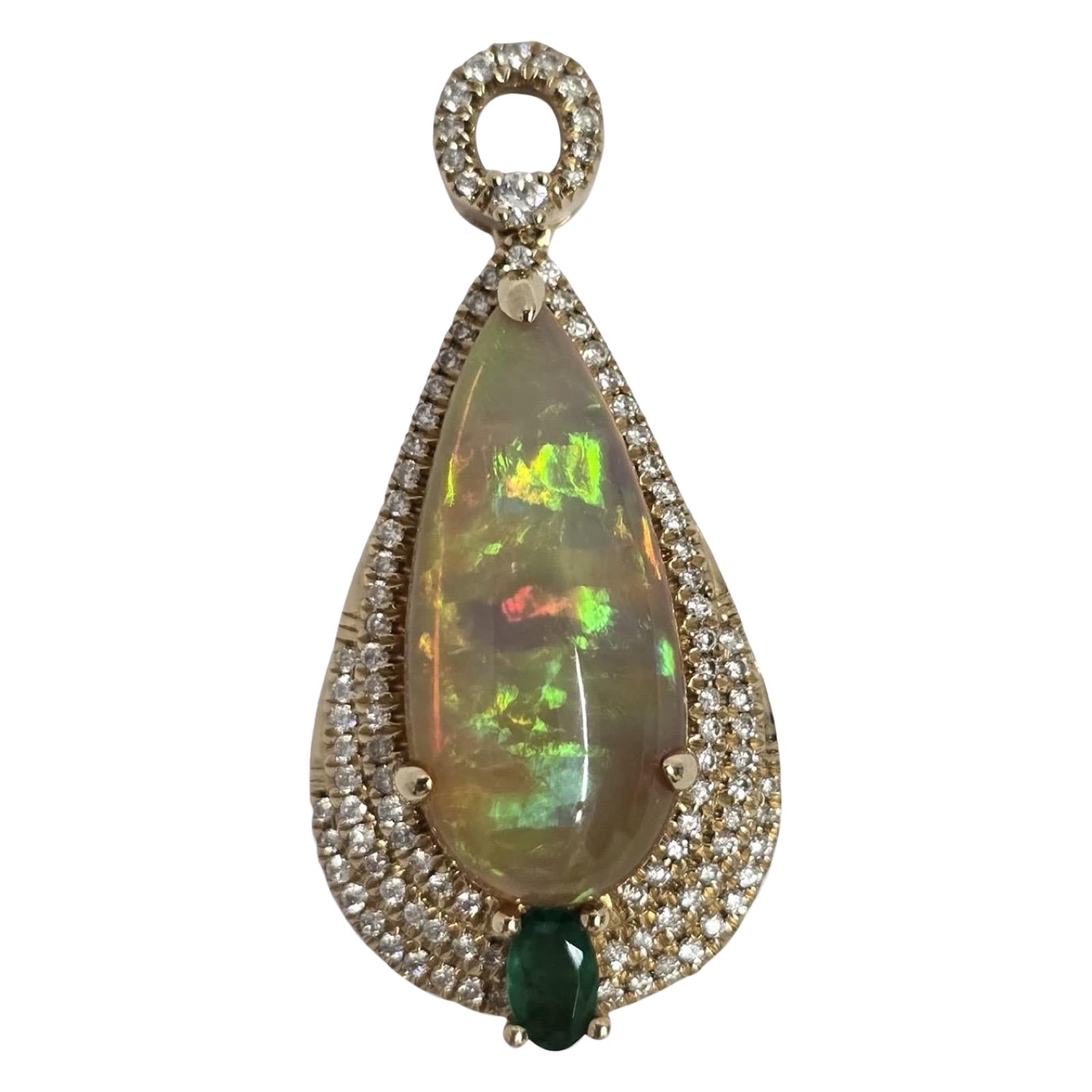 Couture 14K Pendentif Opale de Feu Ethiopienne avec Emeraude & 1.05ct Diamants