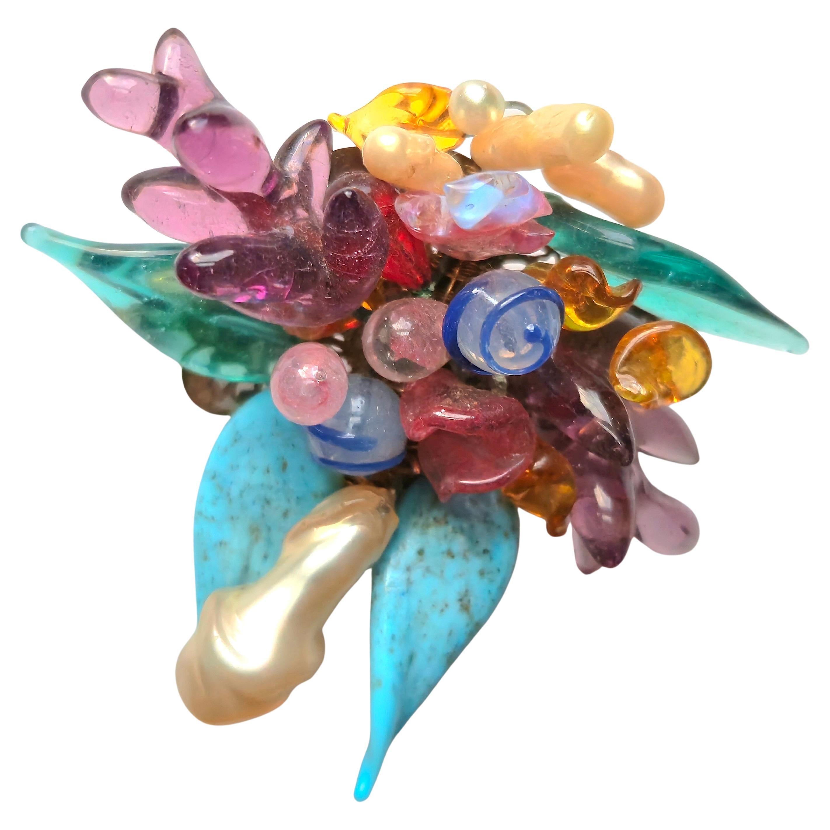 Couture Coco Chanel Era Signed Made In France Flower Spray Glass Brooch c1930s