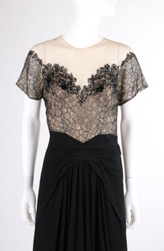 COUTURE 1930’s Sheer Sequin Lace Black Pleated Floor Length Evening Gown Dress