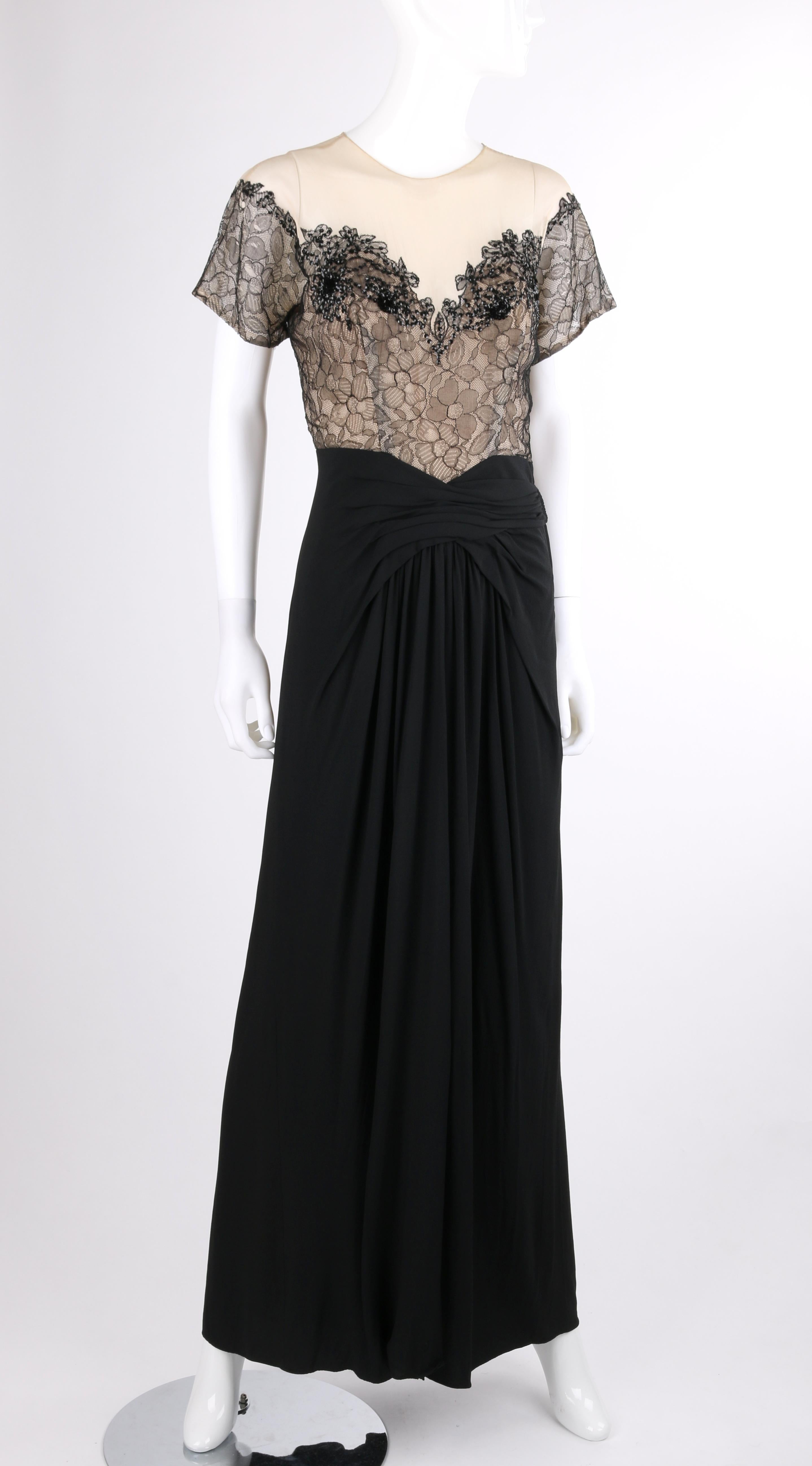 COUTURE Vestido de noche plisado hasta el suelo de encaje de lentejuelas negro de los años 30 Negro