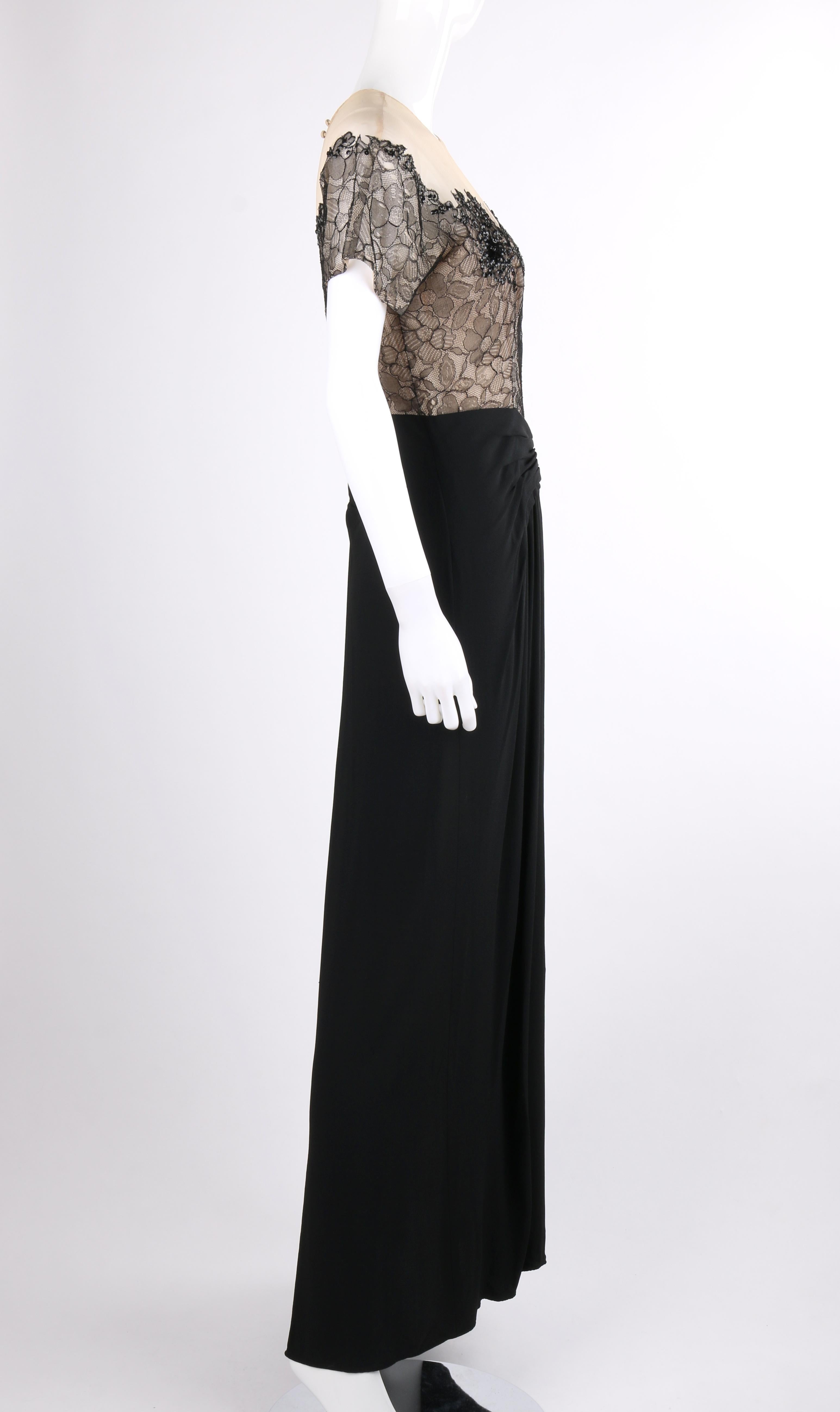COUTURE Vestido de noche plisado hasta el suelo de encaje de lentejuelas negro de los años 30 en Bueno Estado en Thiensville, WI