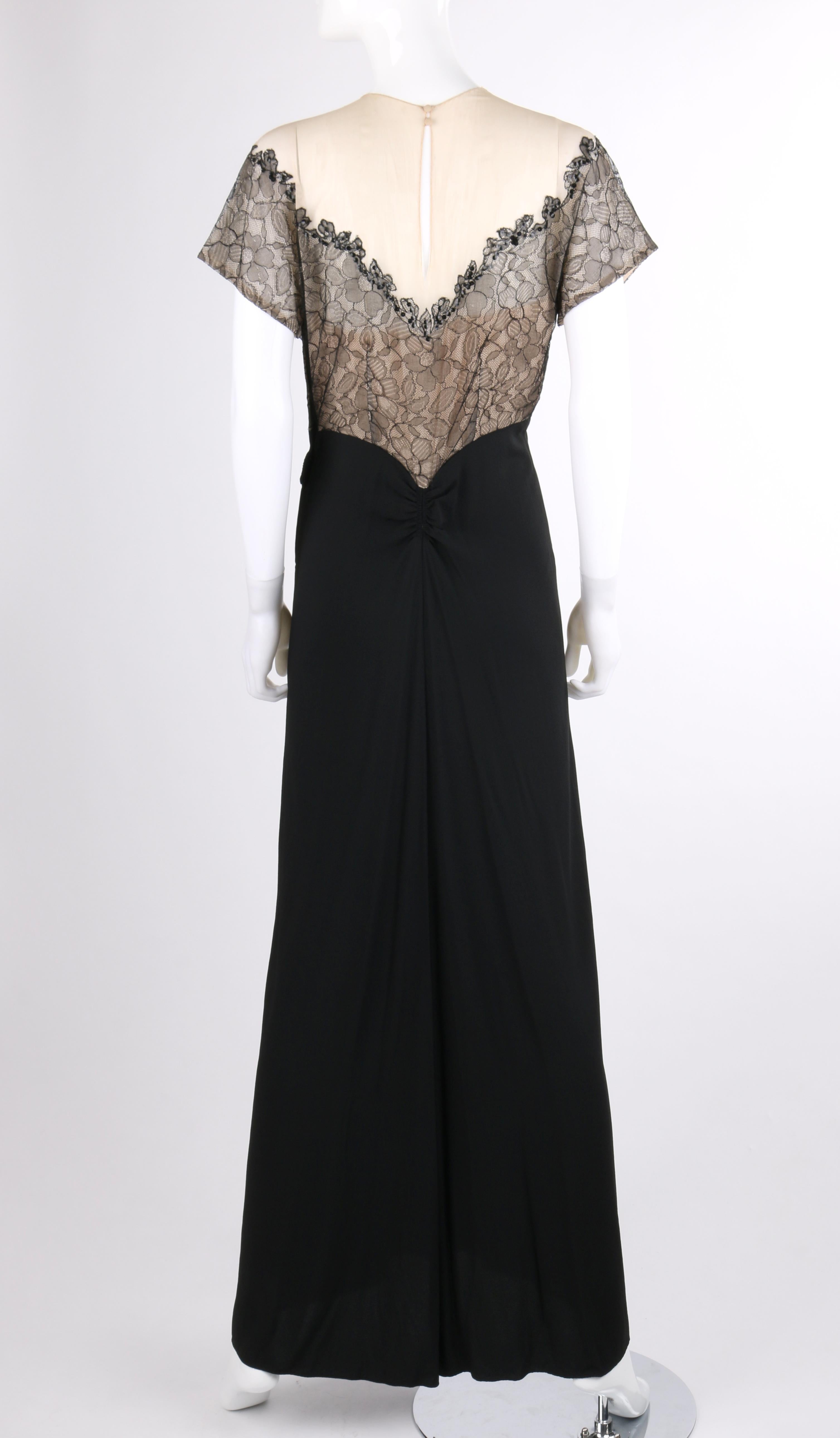 De las mujeres COUTURE Vestido de noche plisado hasta el suelo de encaje de lentejuelas negro de los años 30