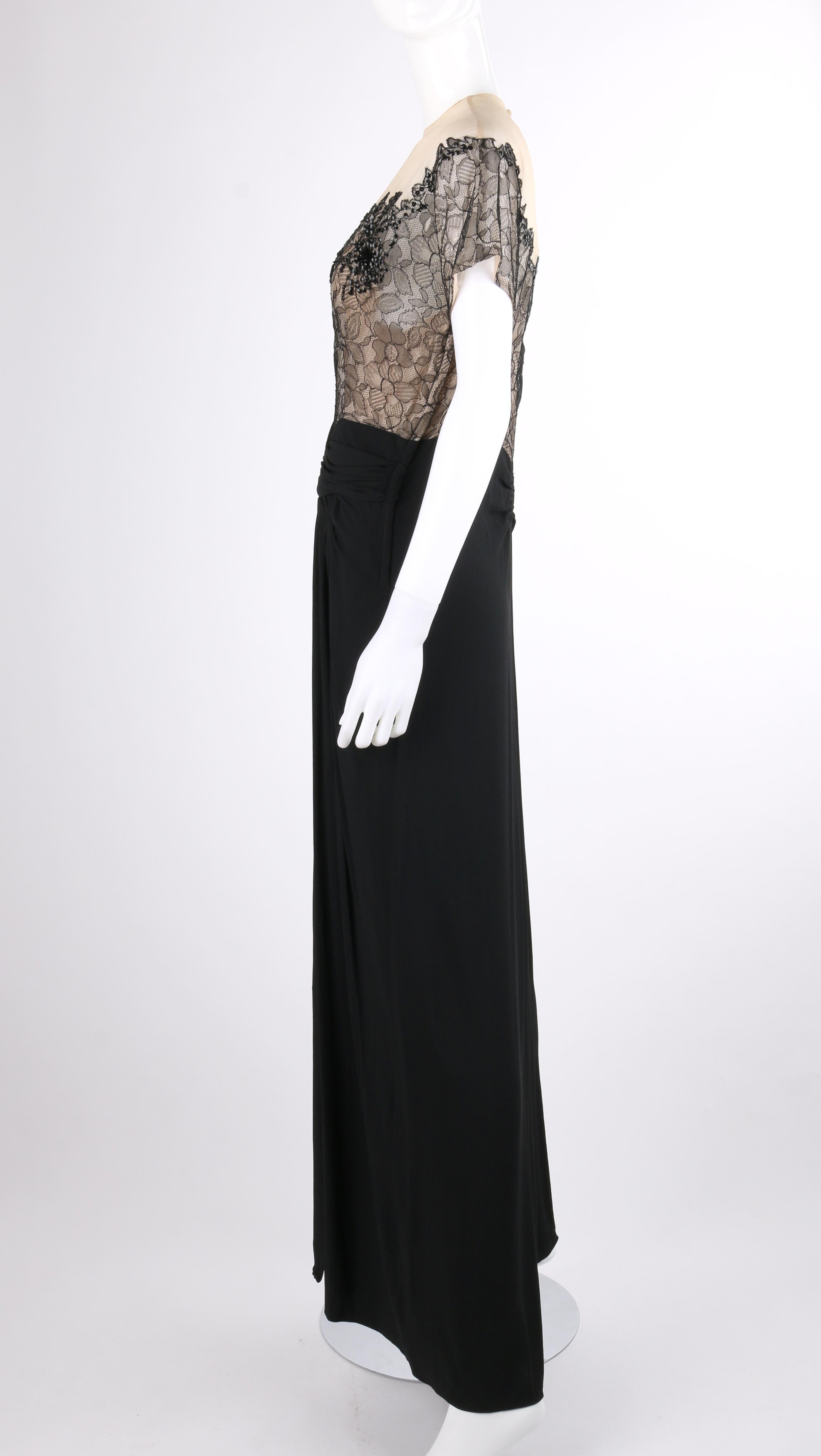 COUTURE Vestido de noche plisado hasta el suelo de encaje de lentejuelas negro de los años 30 1