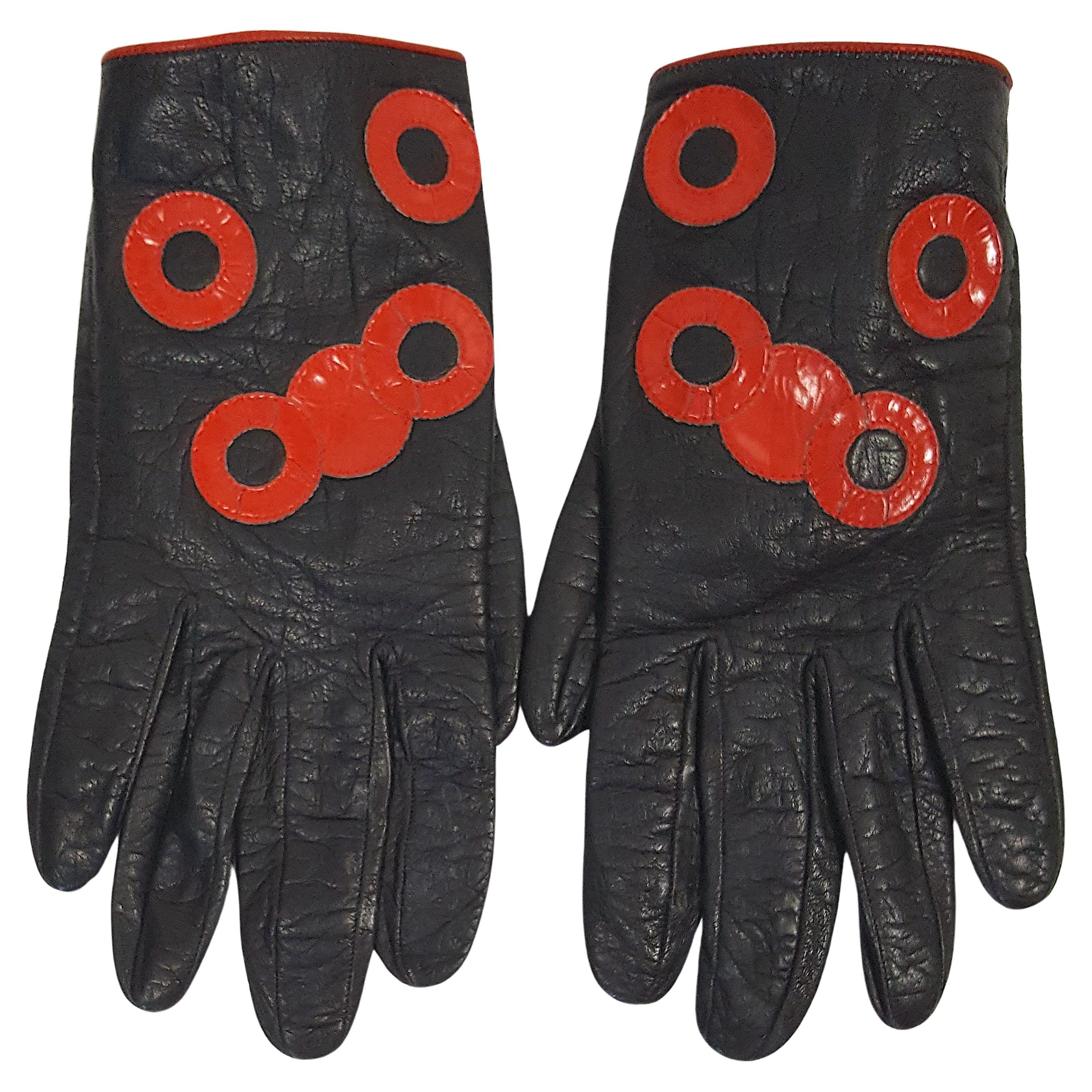 Couture 1960 PierreCardinParis Bubble Motif "Creation" Leather Silk Black Gloves For Sale