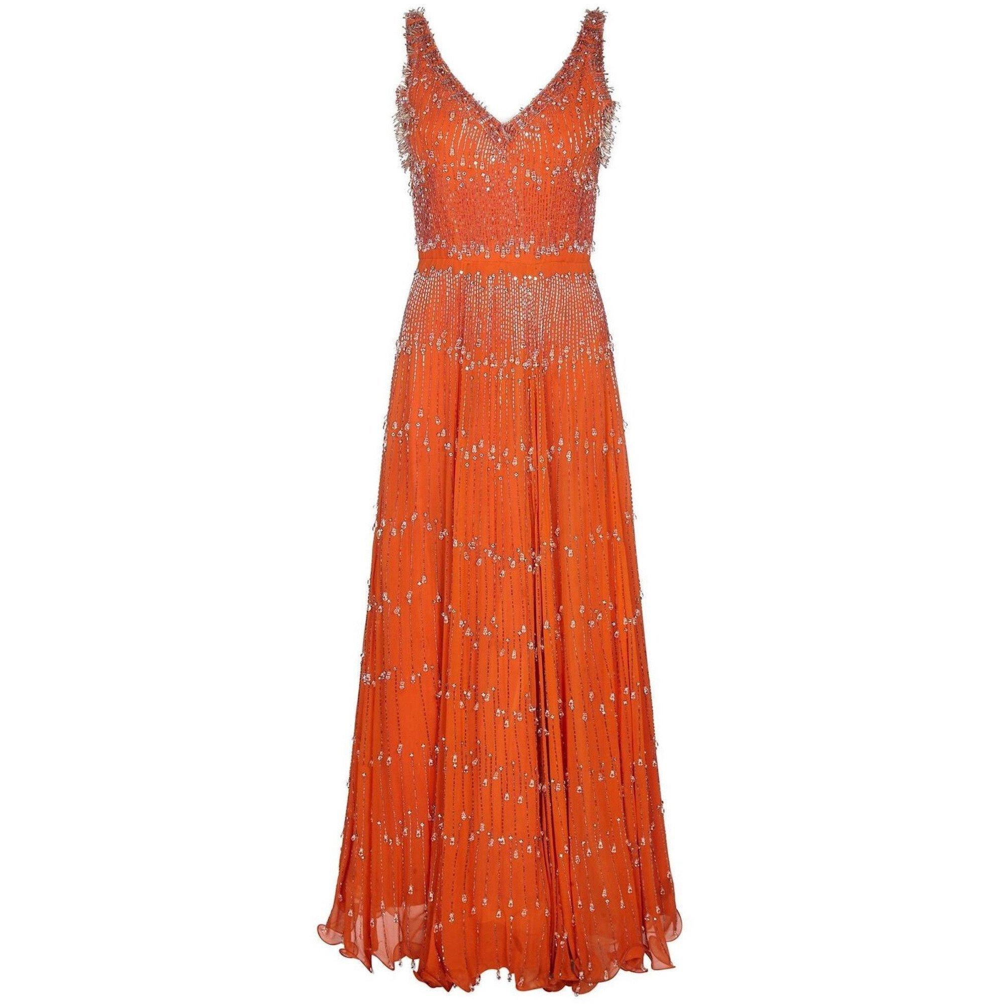 Couture 1960s Burnt Orange Silk Chiffon Gown with Crystal Bead Embellishment In Excellent Condition For Sale In London, GB