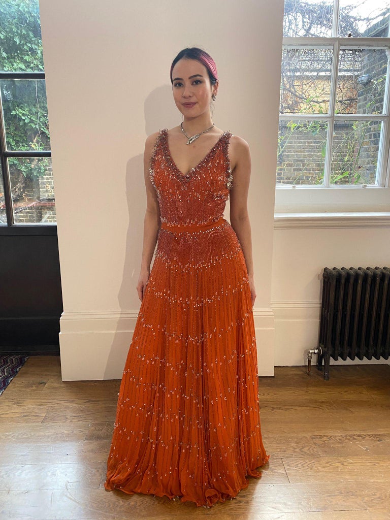Couture 1960s Burnt Orange Silk Chiffon Gown with Crystal Bead  Embellishment For Sale at 1stDibs | burnt orange chiffon dress, burnt orange  maxi dress, burnt orange silk dress