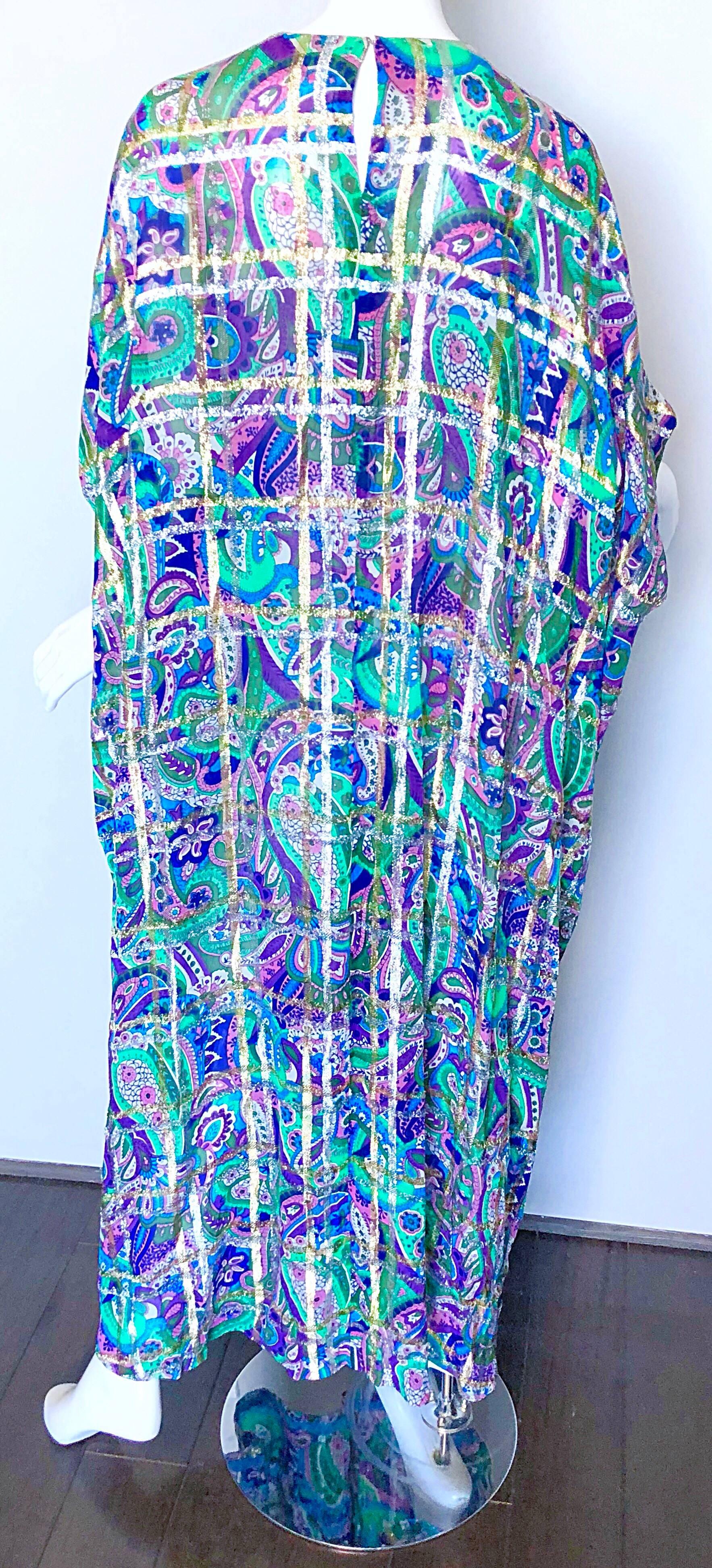 Couture anni '70 Colorful Gold + Silk Metallic Silk Chiffon Beaded Vintage Caftan in vendita 4