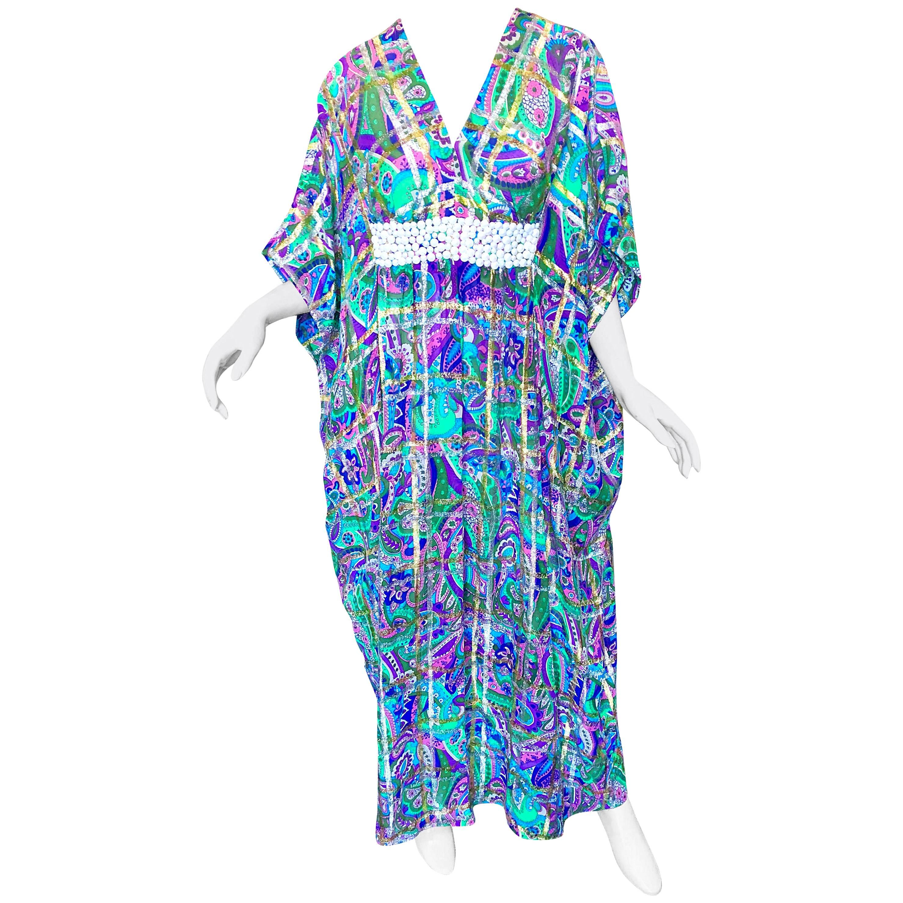 Caftan couture vintage coloré en mousseline de soie et mousseline de soie métallisée perlée, années 1970