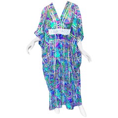Couture 1970s Colorful Gold + Silk Metallic Silk Chiffon Beaded Vintage Caftan