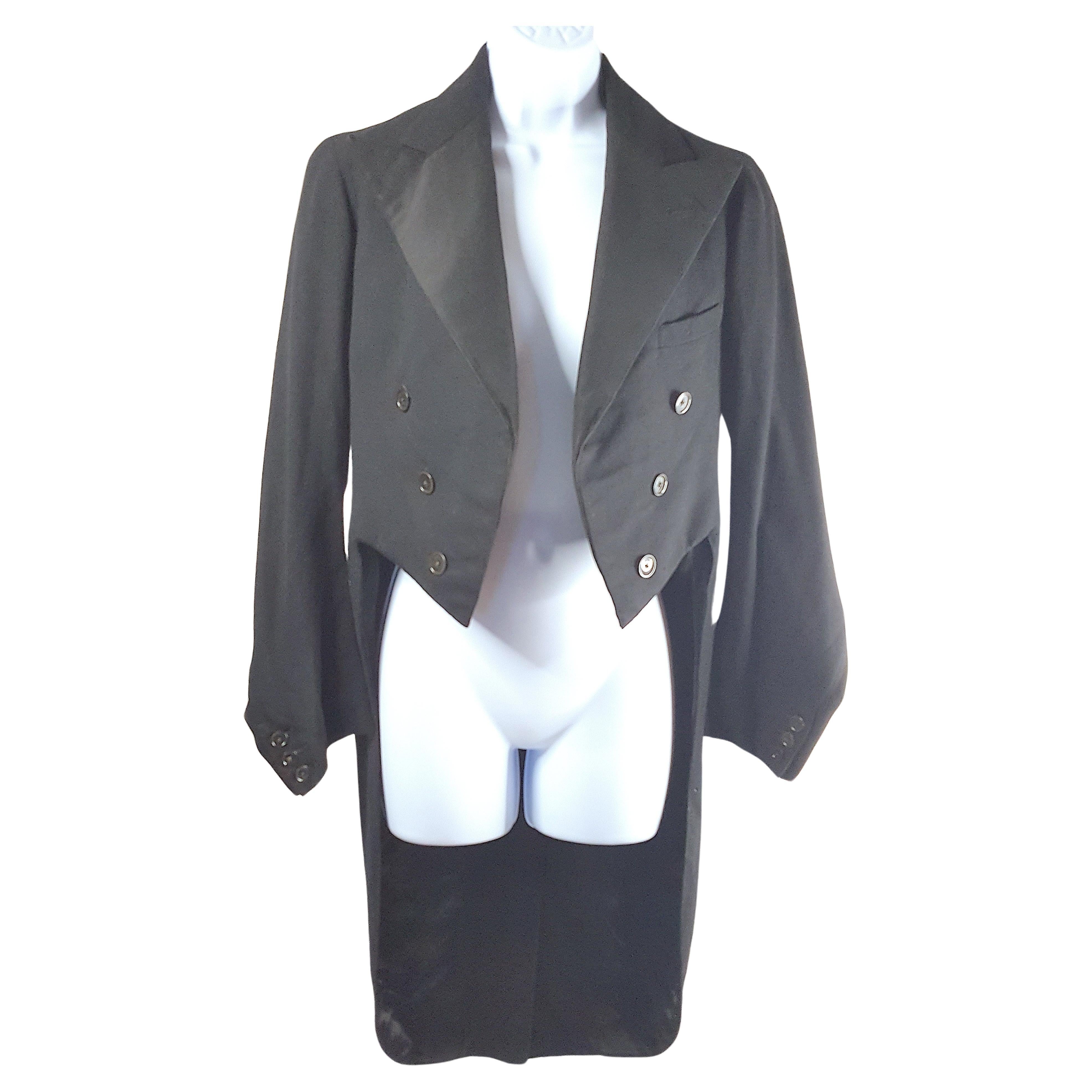 Couture Antique Tuxedo Wool Ribbed&QuiltedSatin FullyLined&Padded Black Tailcoat For Sale