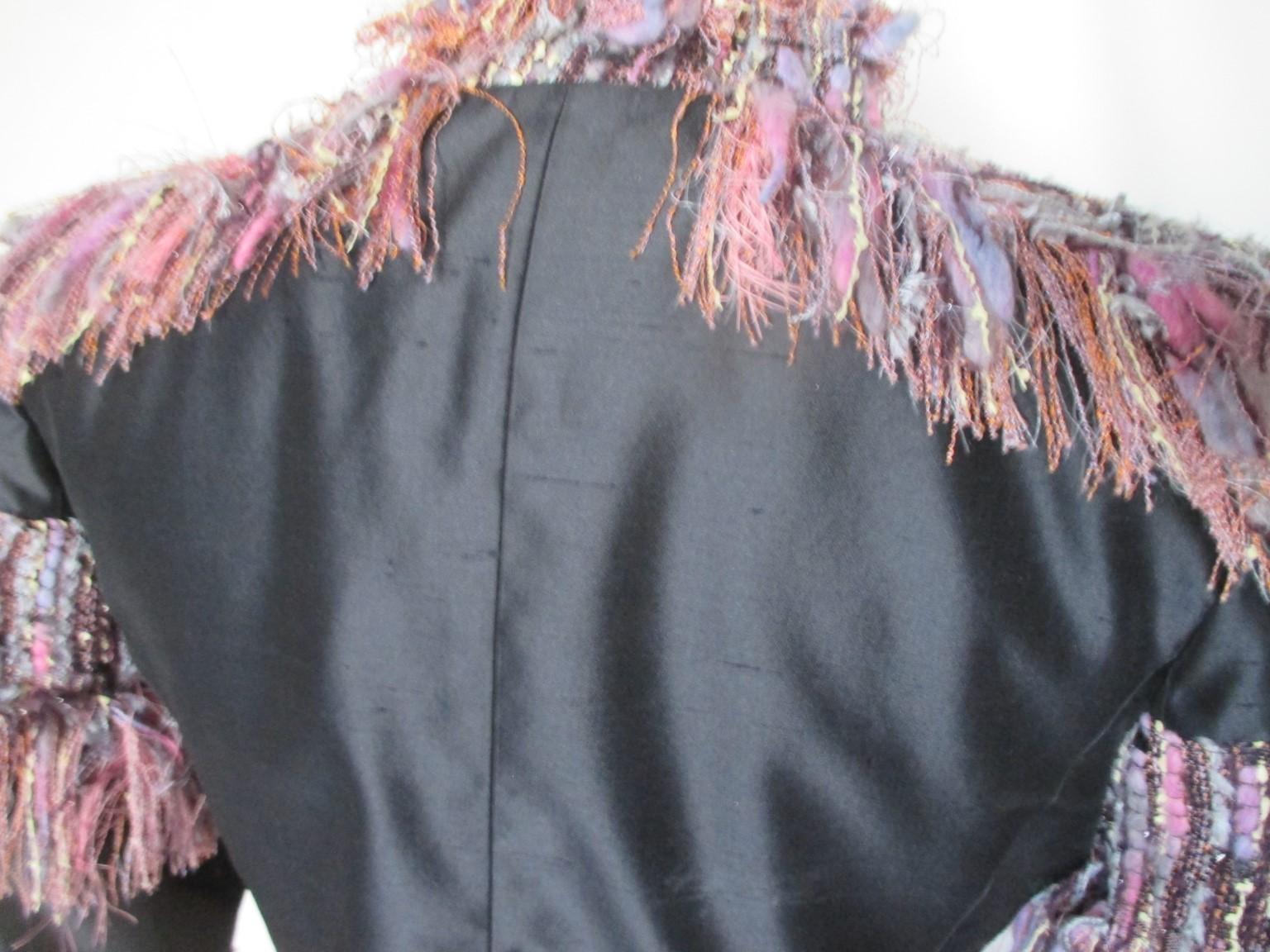 Couture Badal Black Silk Fringe Coat For Sale 3