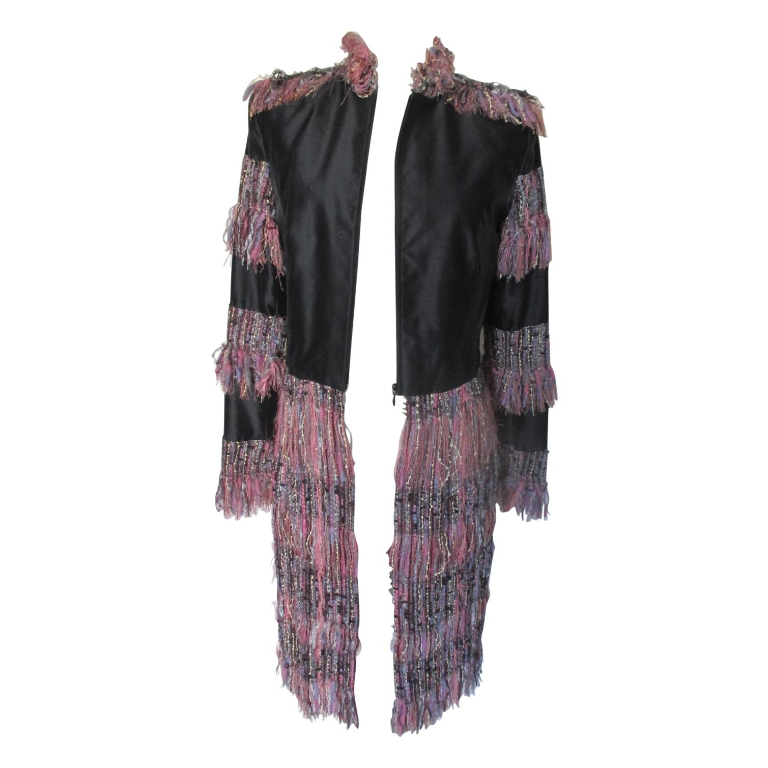 Couture Badal Black Silk Fringe Coat For Sale