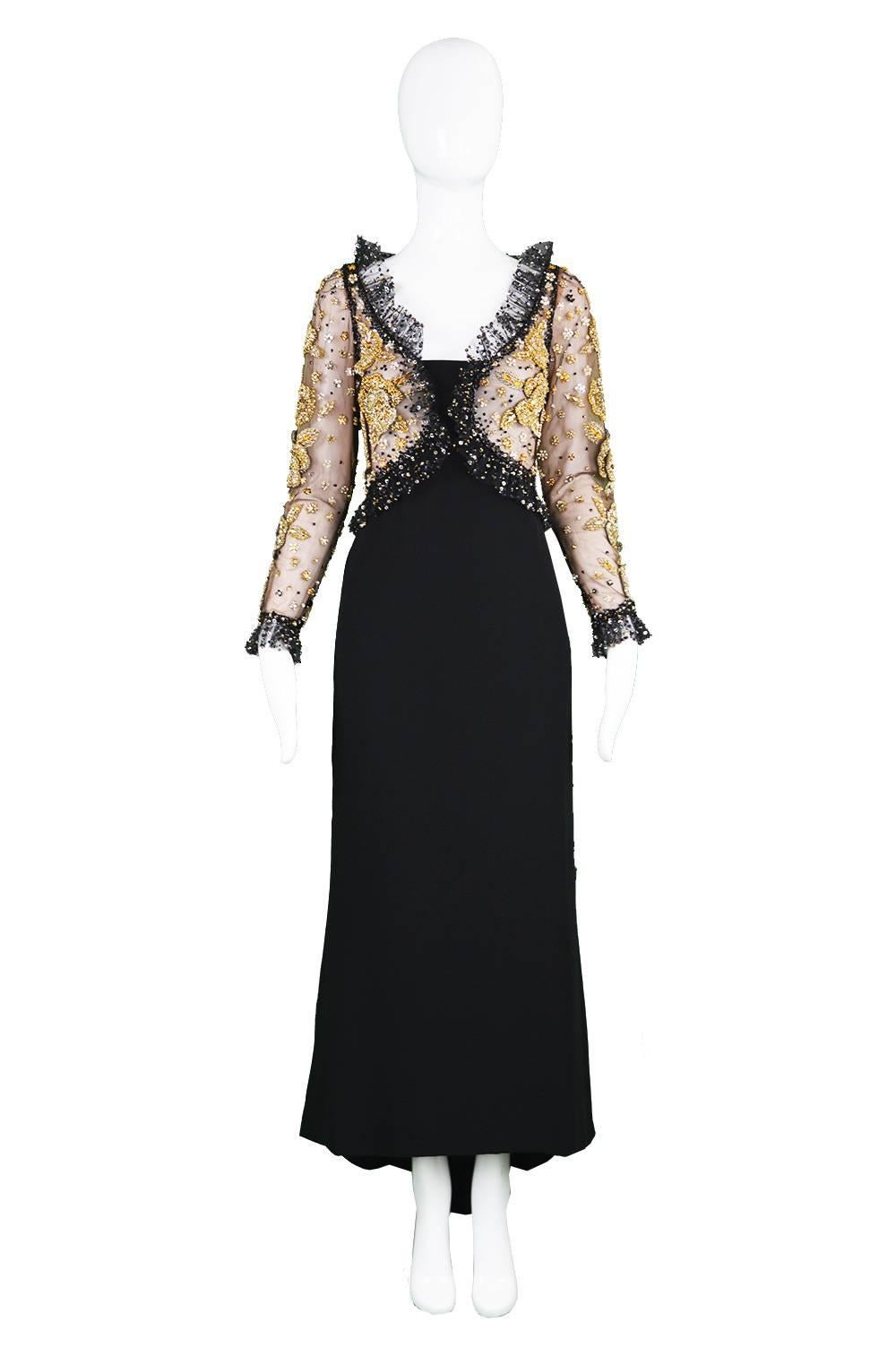 An insanely sexy vintage evening gown from the 1990s by Italian couturier and genius designer, Renato Balestra. This red carpet worthy dress is heavily embellished with crystals and beads hand set onto sheer silk tulle with a nude silk chiffon