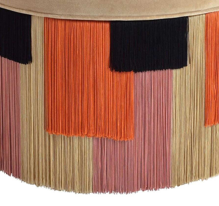 Italian Couture Beige Pouf with Geometric Fringe by Lorenza Bozzoli Design For Sale