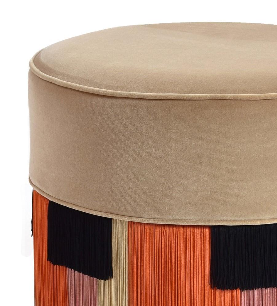 Couture Beige Pouf with Geometric Fringe by Lorenza Bozzoli Design In New Condition For Sale In Milan, IT
