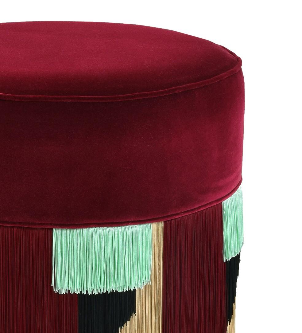 Modern Couture Bordeaux Pouf with Geometric Fringe by Lorenza Bozzoli Design For Sale