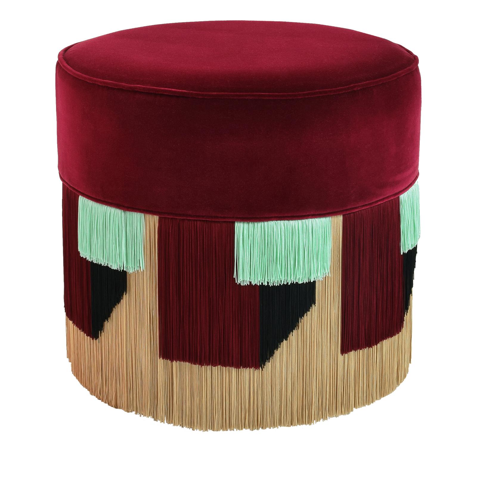 Couture Bordeaux Pouf with Geometric Fringe by Lorenza Bozzoli Design For Sale